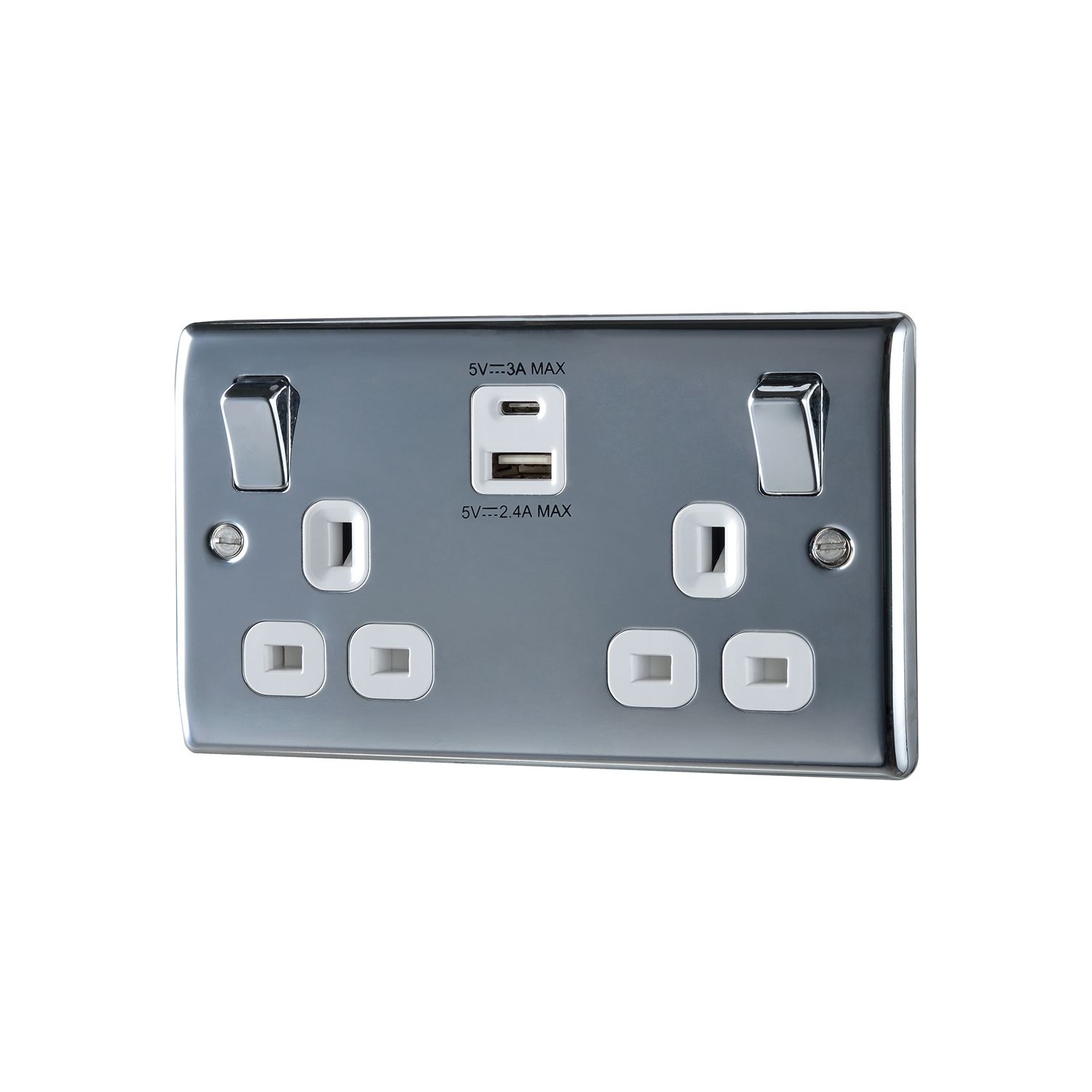 BG Chrome Double 13A Raised slim Switched Screwed Socket with USB, x2 & White inserts