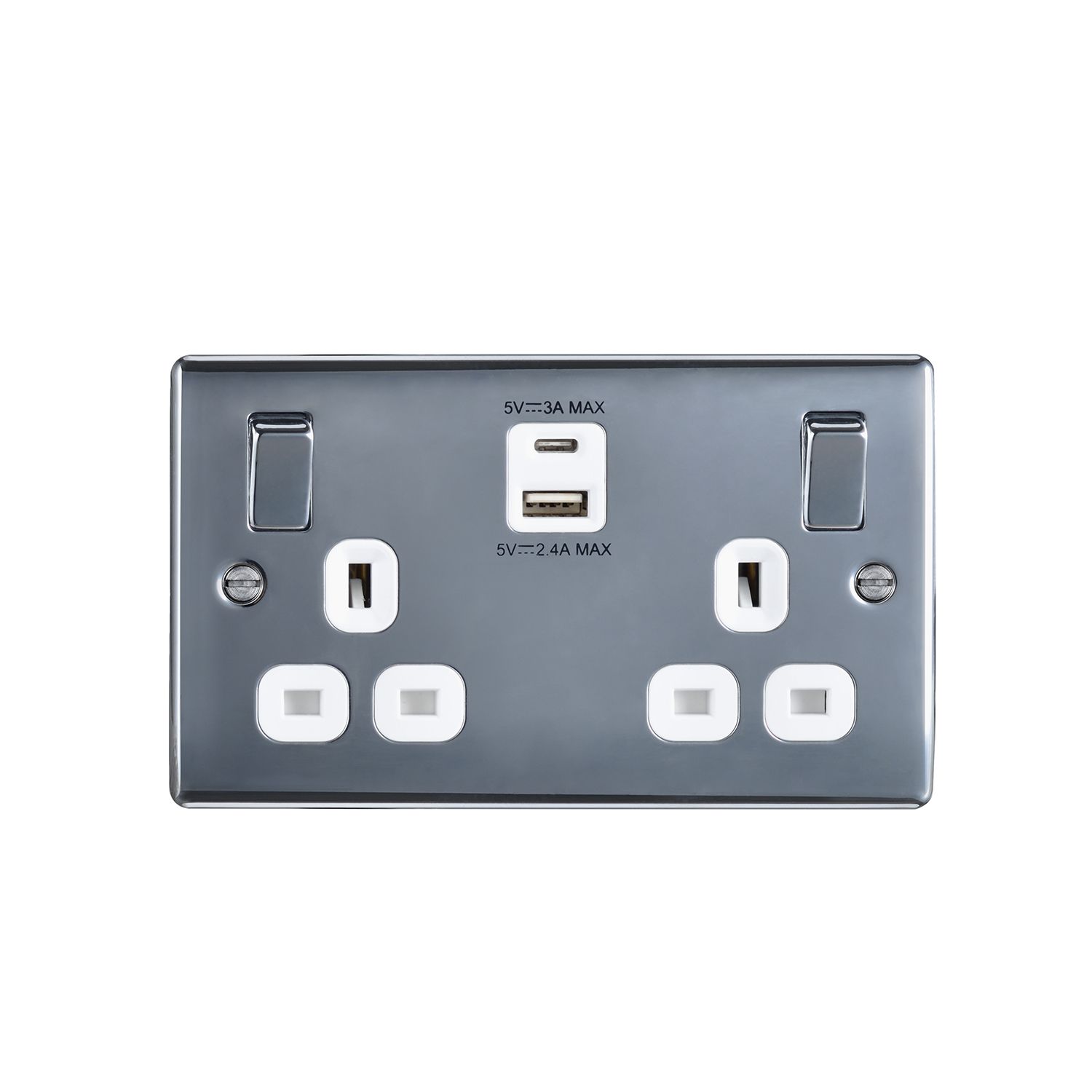 BG Chrome Double 13A Raised slim Switched Screwed Socket with USB, x2 & White inserts