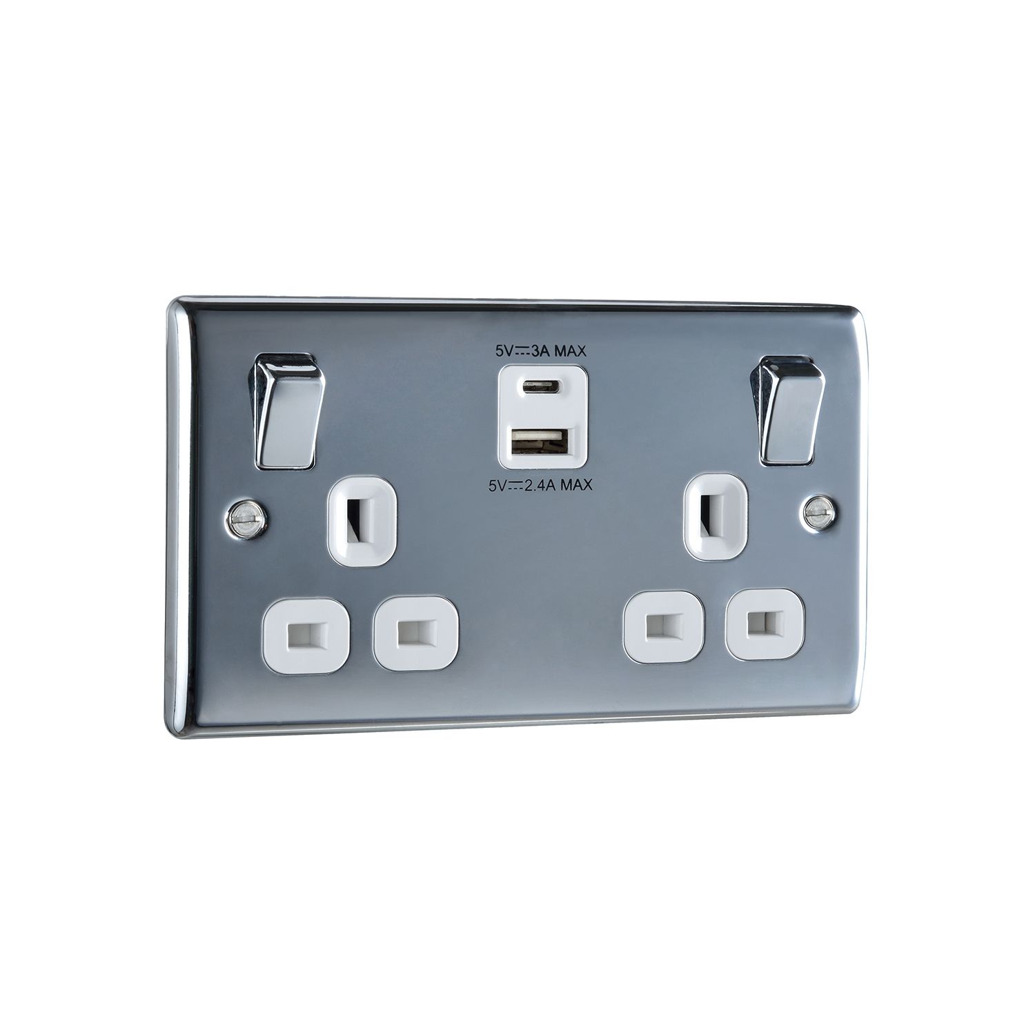 BG Chrome Double 13A Raised slim Switched Screwed Socket with USB, x2 & White inserts
