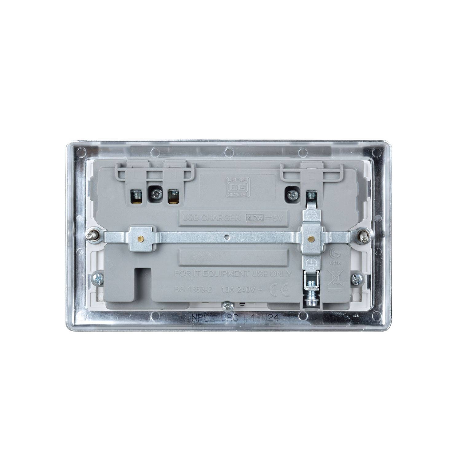 BG Chrome Double 13A Raised slim Switched Screwed Socket with USB, x2 & White inserts