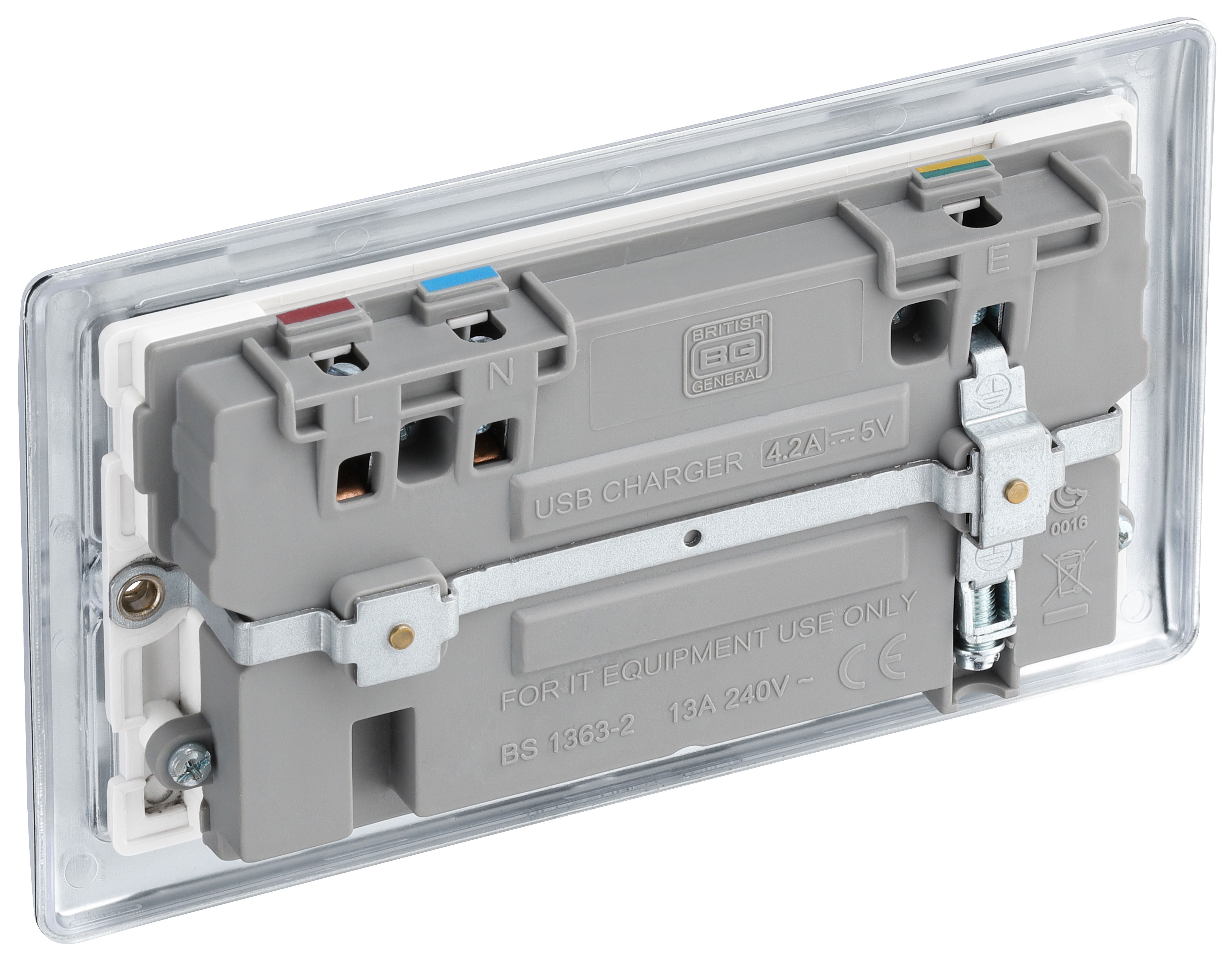 BG Chrome Double 13A Raised slim Switched Screwed Socket with USB, x2 & White inserts