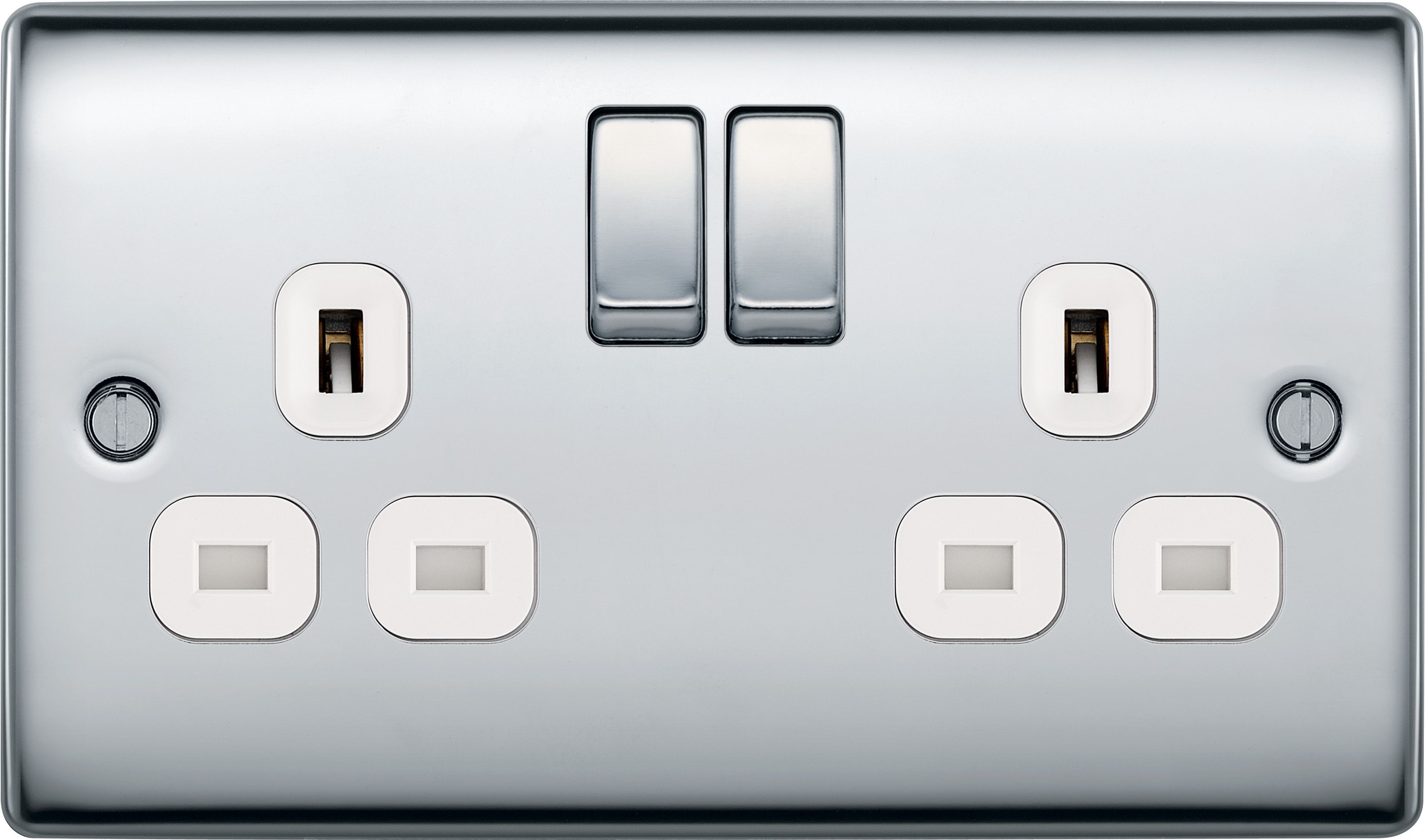 BG Screwless Flat Plate Polished Chrome 13A DP Switched Socket 2 Gang