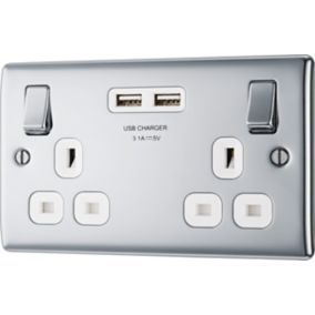 BG Chrome Double 13A Switched Socket with USB x2 3.1A & White inserts