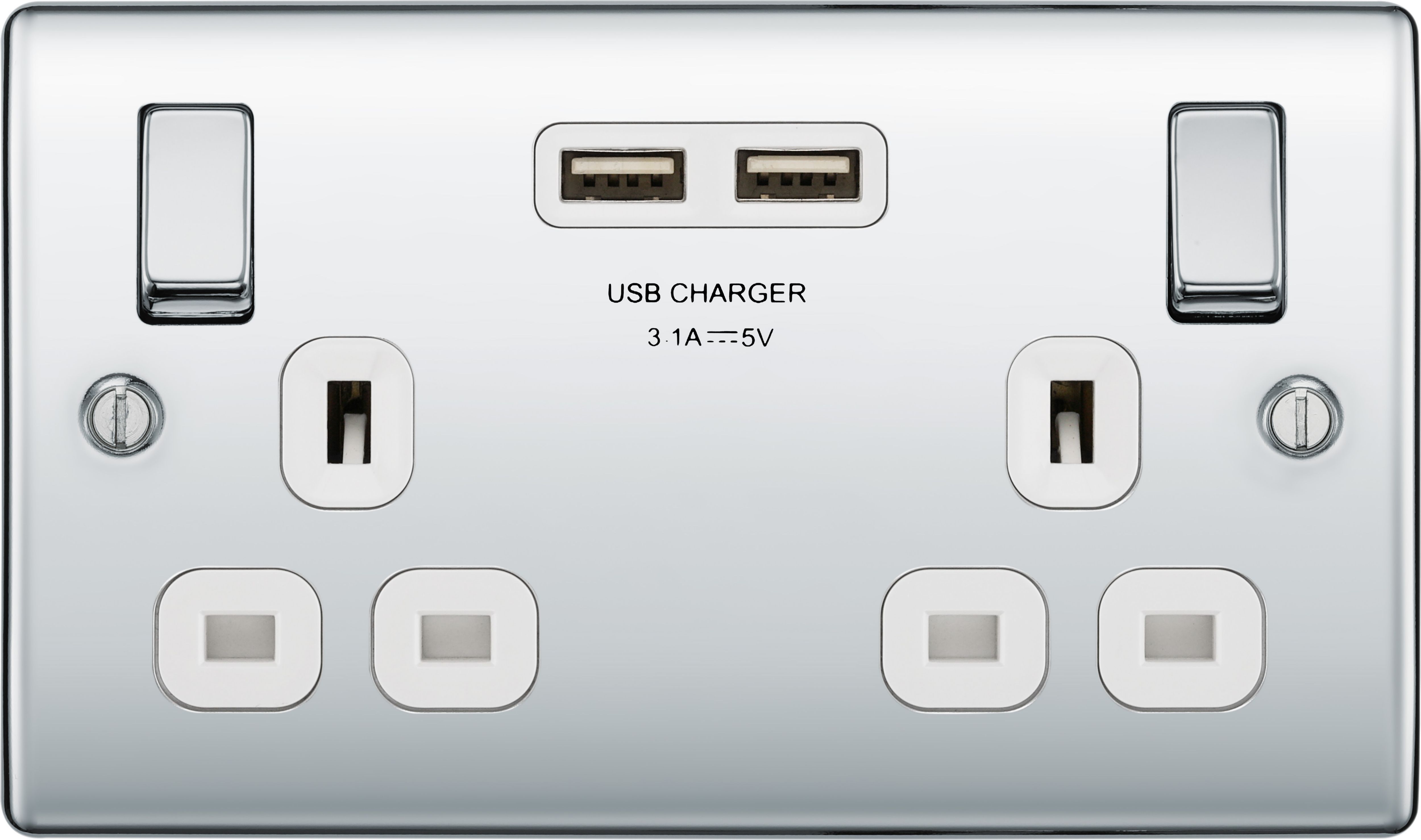 BG Screwless Flat Plate Polished Chrome 13A SP USB Switched Socket 2 Gang