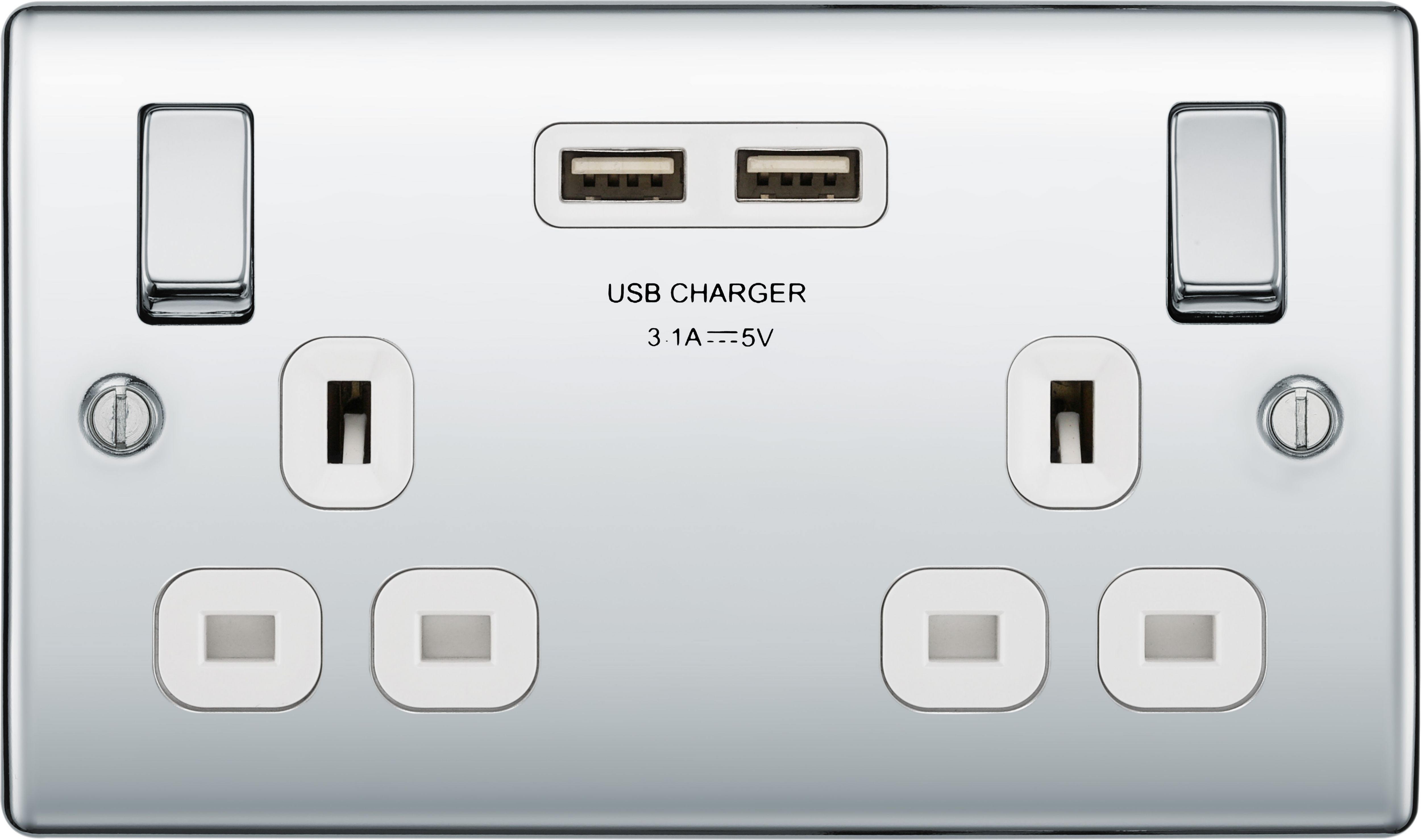 BG Chrome Double 13A Switched Socket with USB x2 3.1A & White inserts