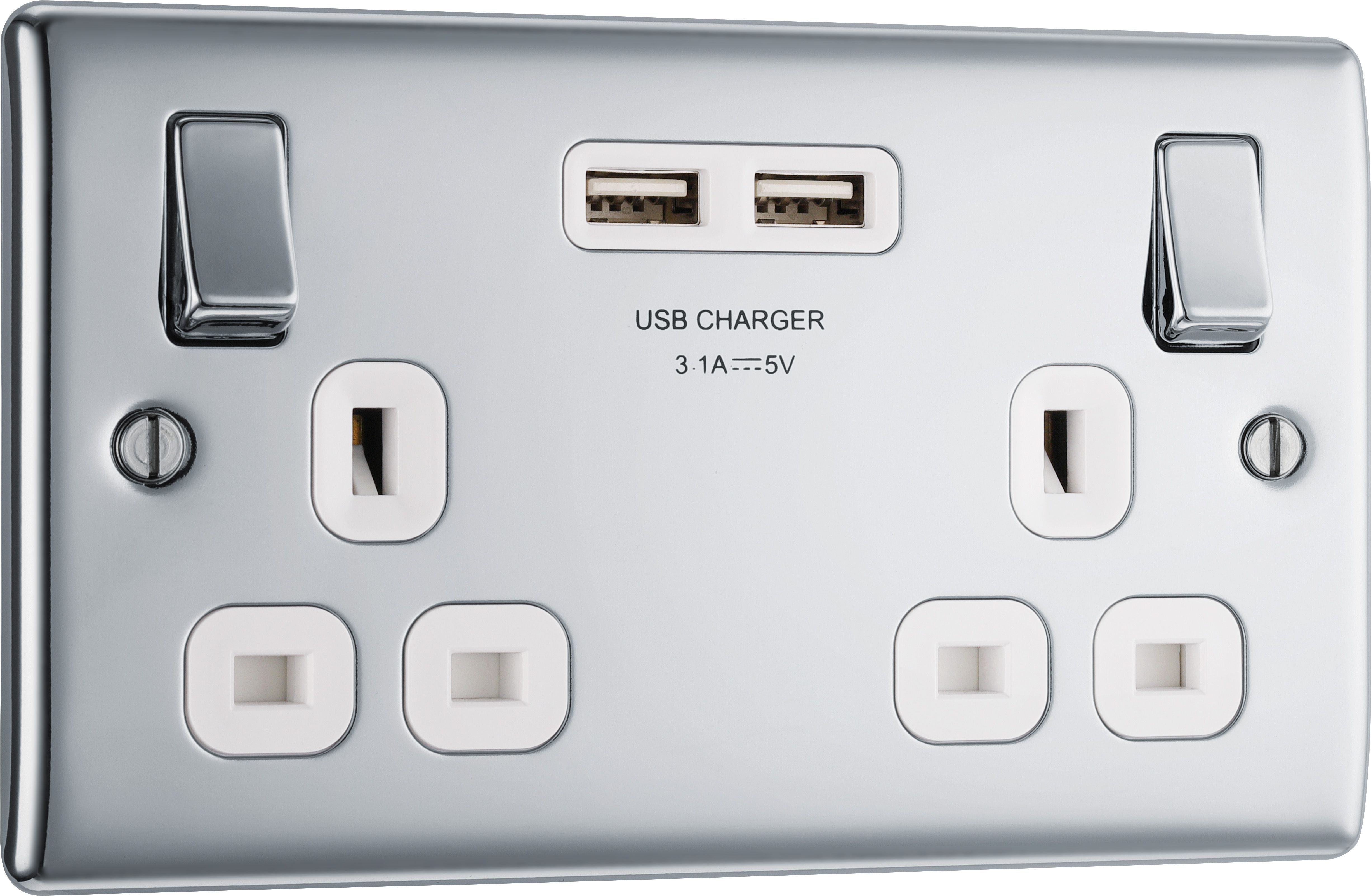 BG Screwless Flat Plate Polished Chrome 13A SP USB Switched Socket 2 Gang - 3