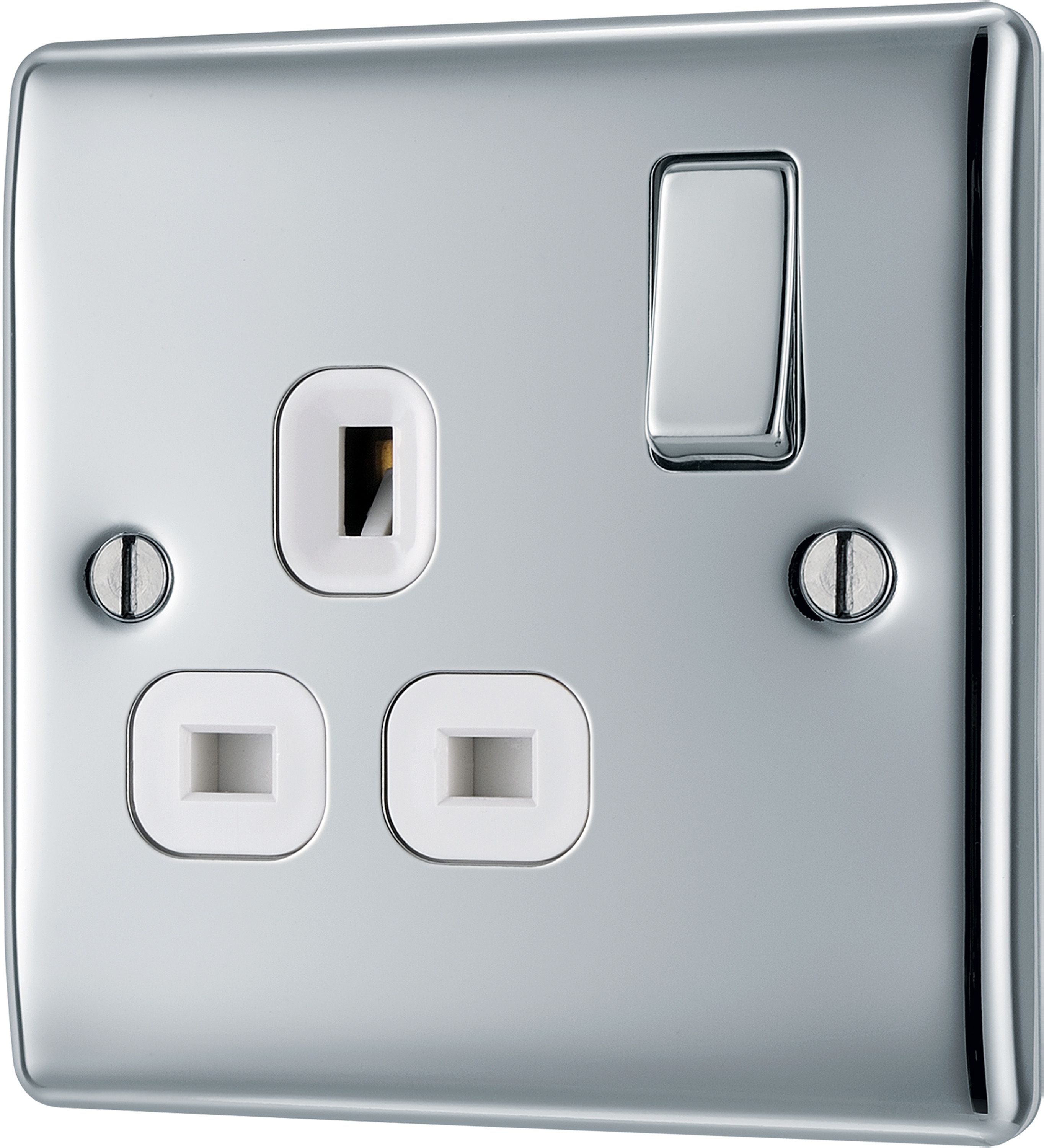 BG Chrome Single 13A Switched Socket & White inserts