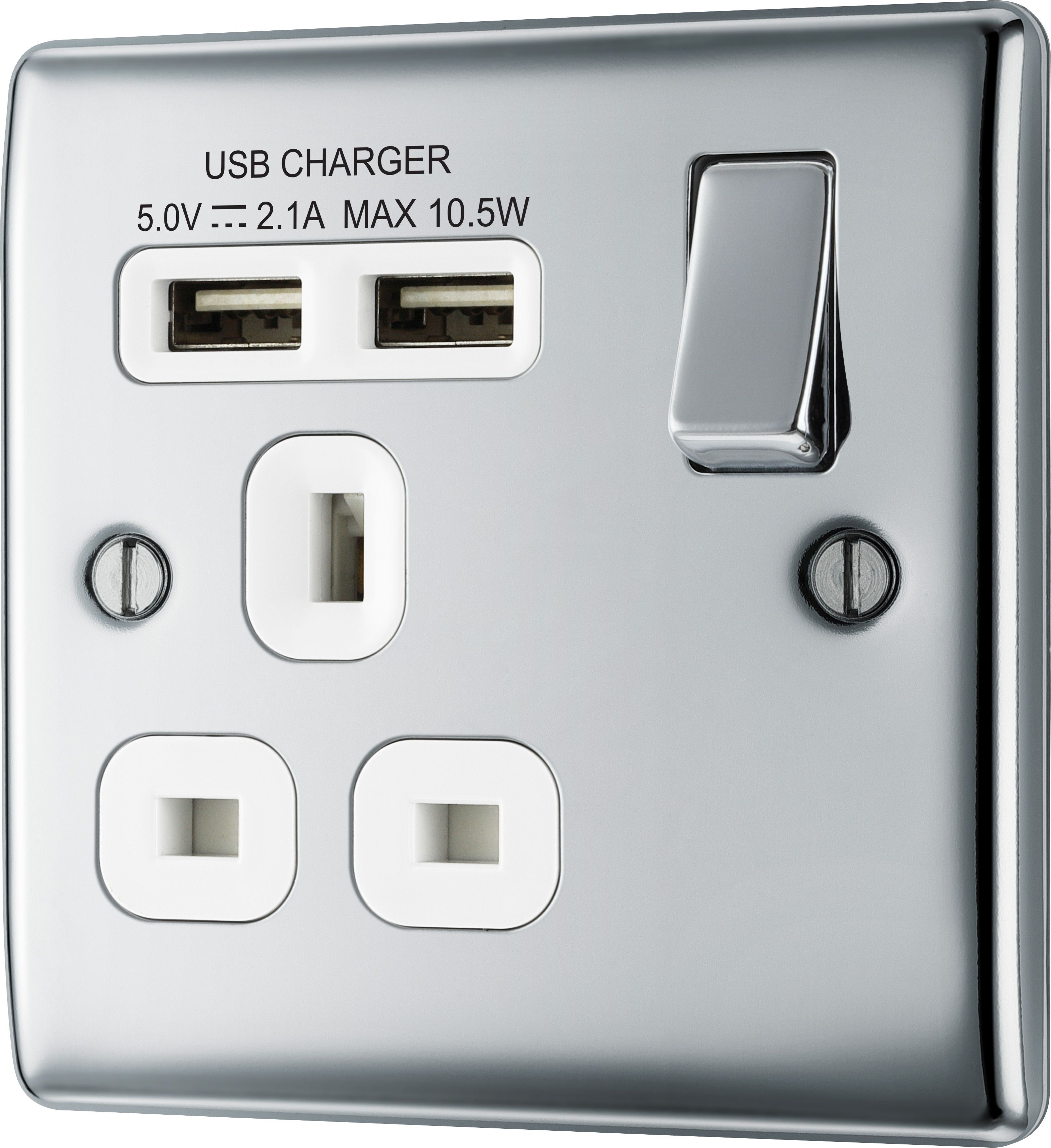 BG Screwless Flatplate Polished Chrome 13A Power Socket With USB A+C 22W 2 Gang