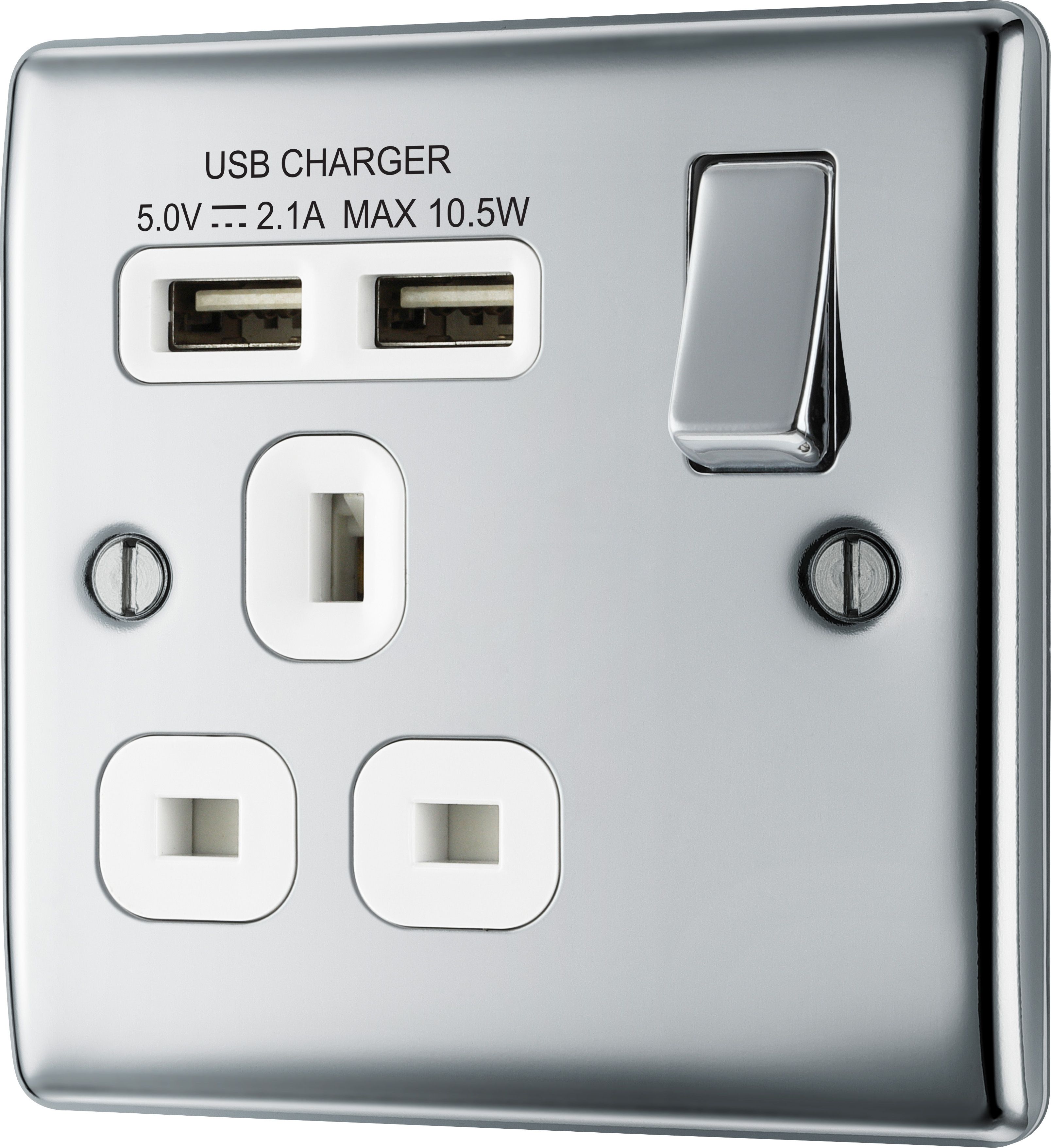 BG Chrome Single 13A Switched Socket with USB x2 & White inserts