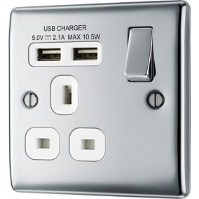 BG Chrome Single 13A Switched Socket with USB x2 & White inserts