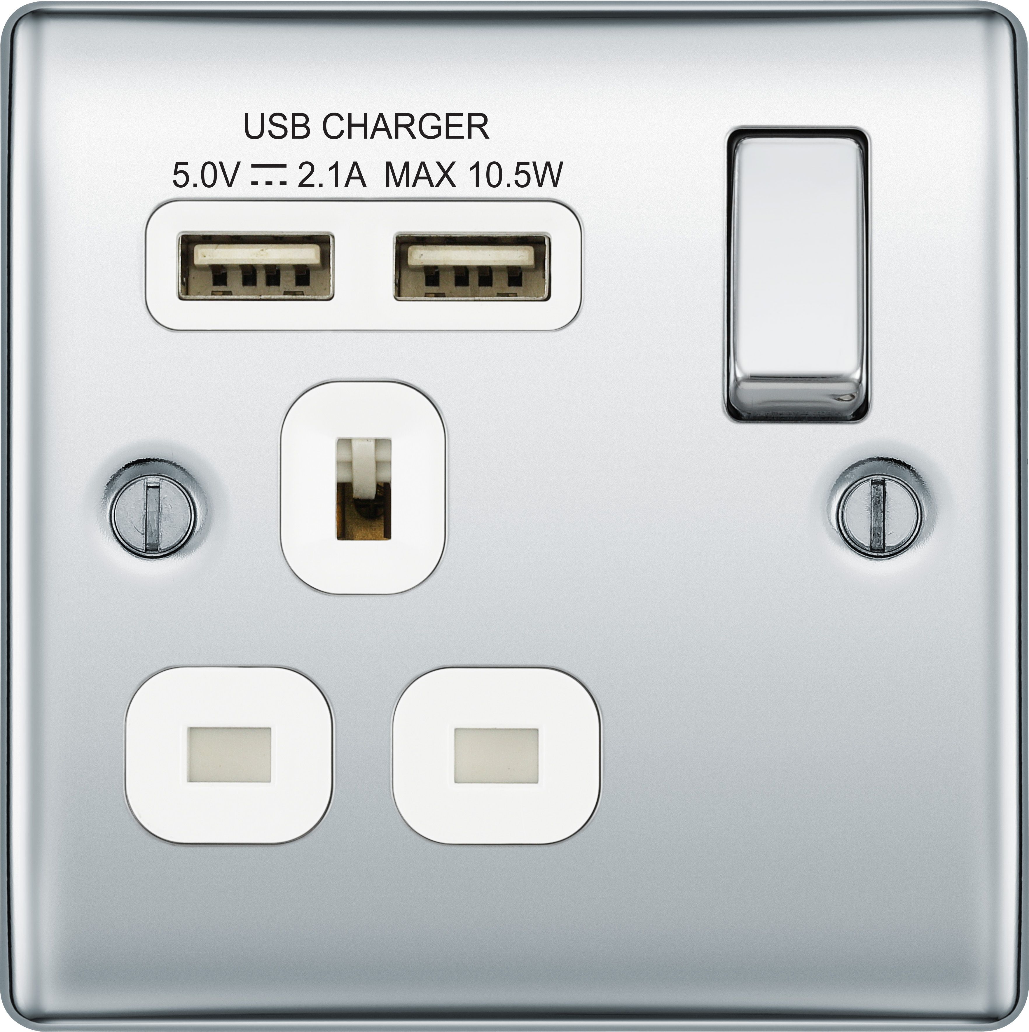 BG Screwless Flatplate Polished Chrome 13A Power Socket With USB A+C 22W 2 Gang