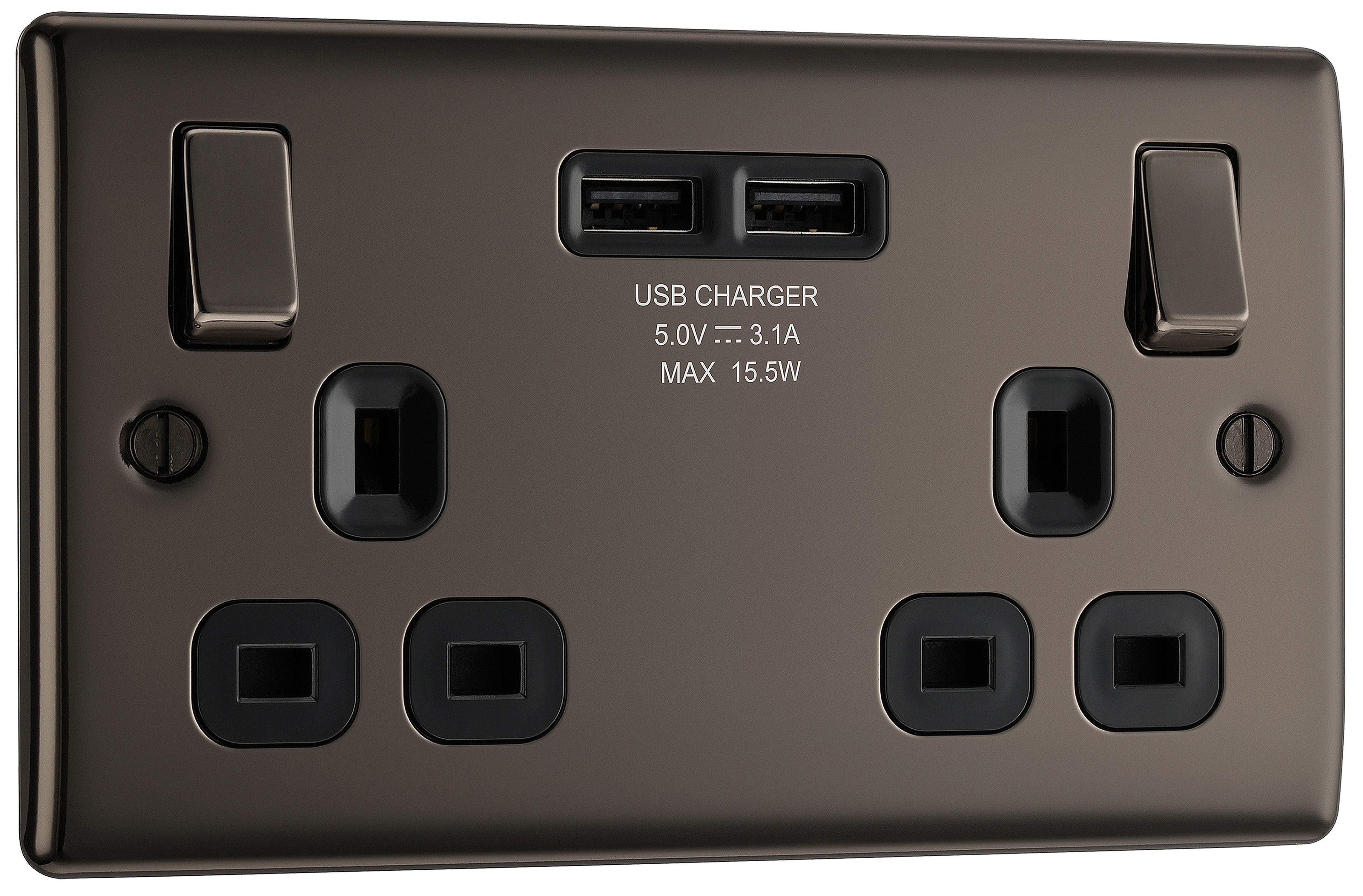 BG Double 13A Switched Gloss Black Socket with USB x2 3.1A