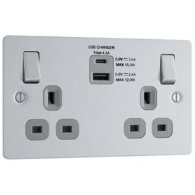 BG Double 13A Switched Matt Silver Socket with USB Type A & C x2 4.2A