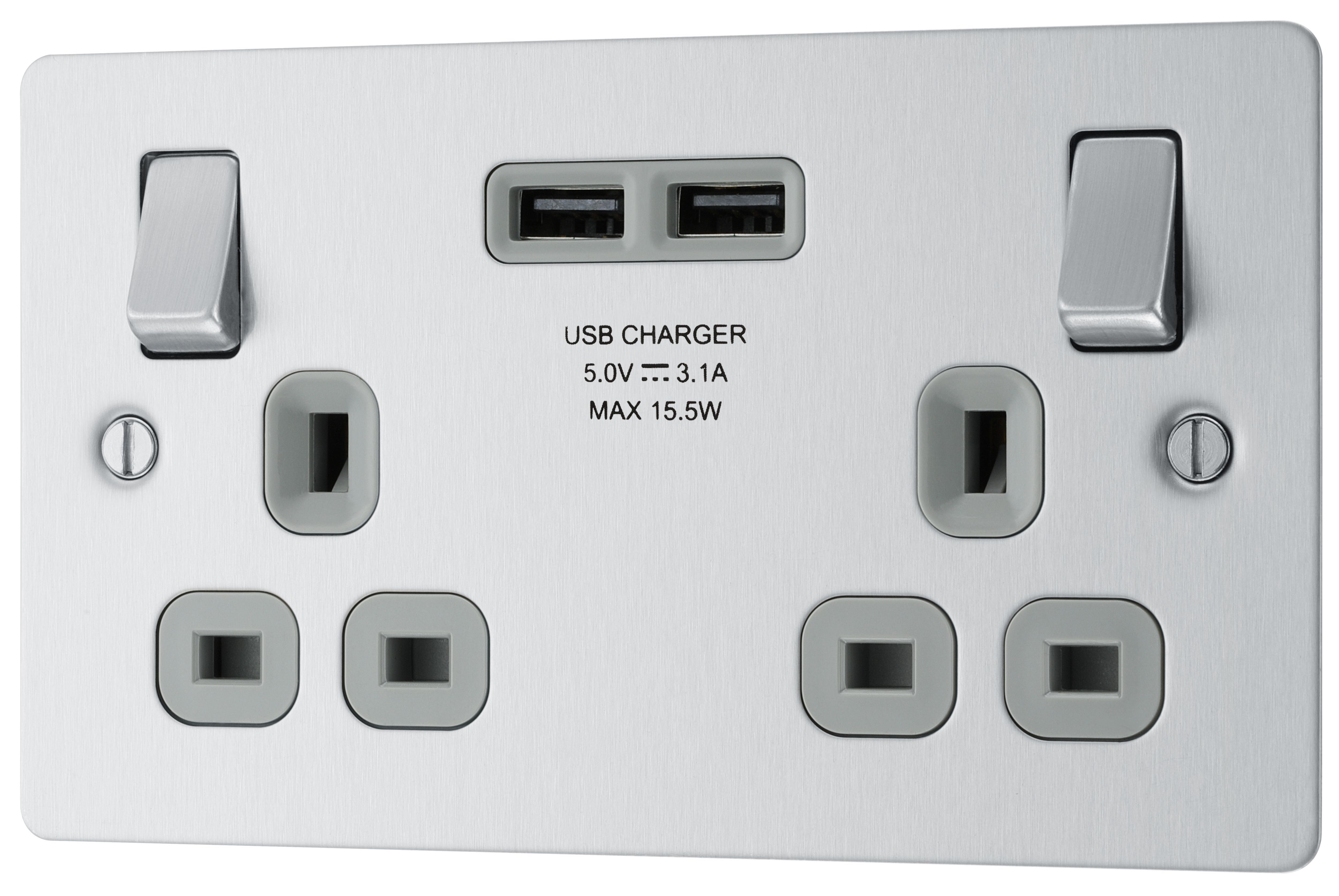 BG Double 13A Switched Matt Silver Socket with USB Type A x2 3.1A