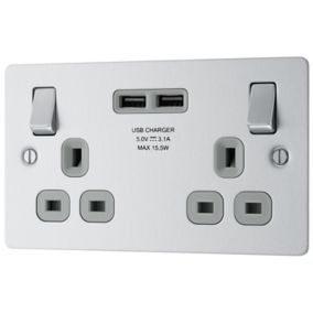 BG Double 13A Switched Matt Silver Socket with USB Type A x2 3.1A