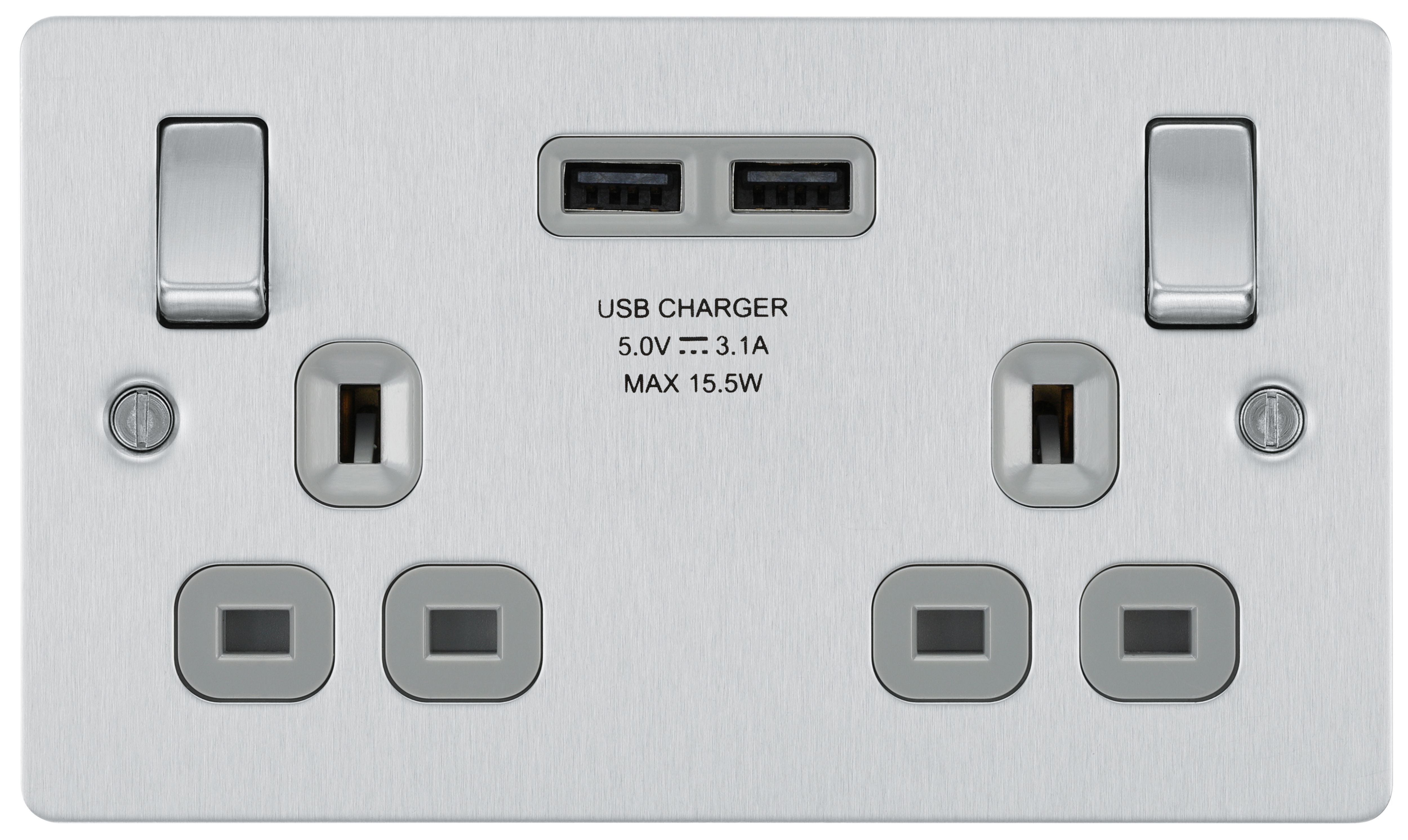 BG Double 13A Switched Matt Silver Socket with USB Type A x2 3.1A