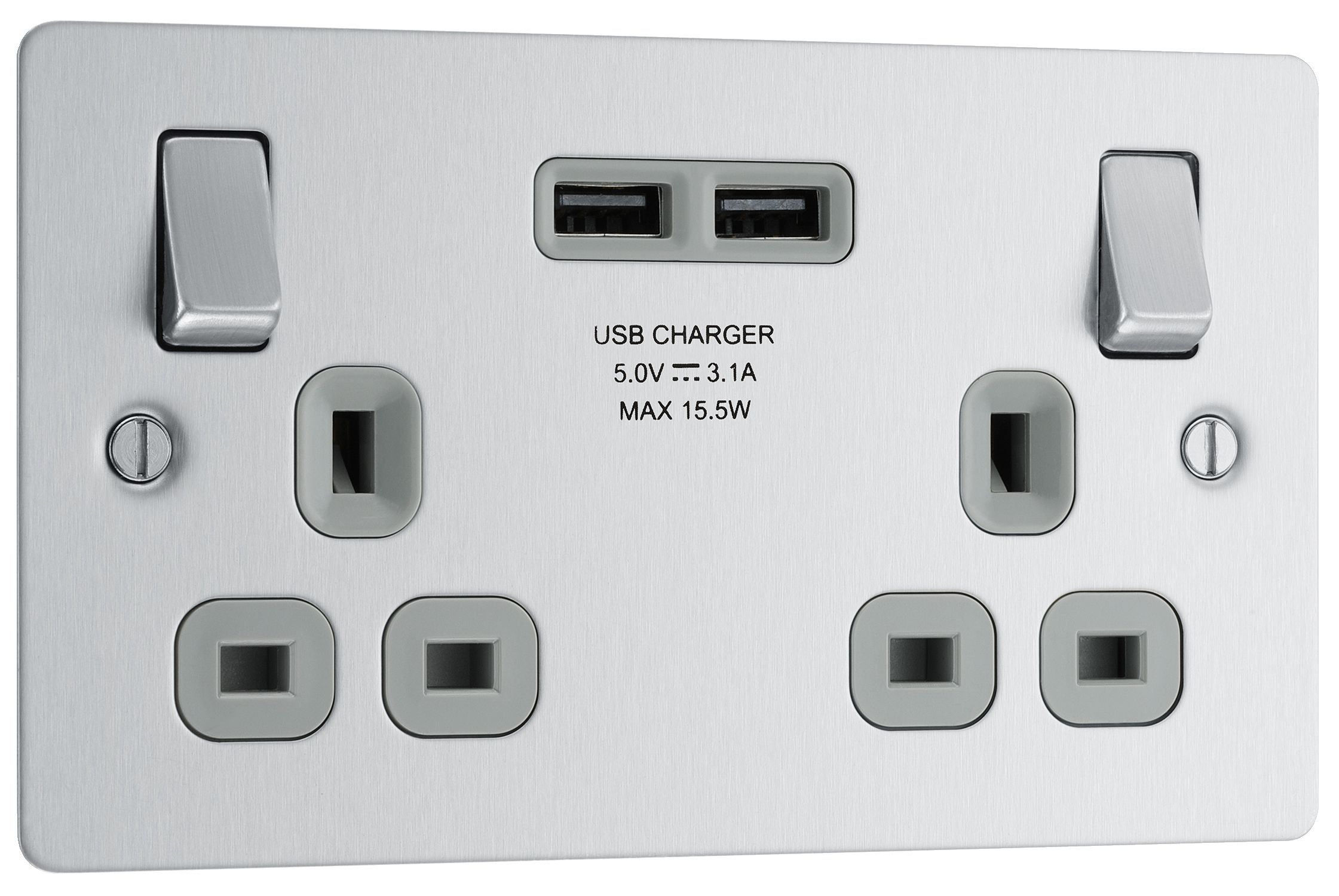 BG Double 13A Switched Matt Silver Socket with USB Type A x2 3.1A