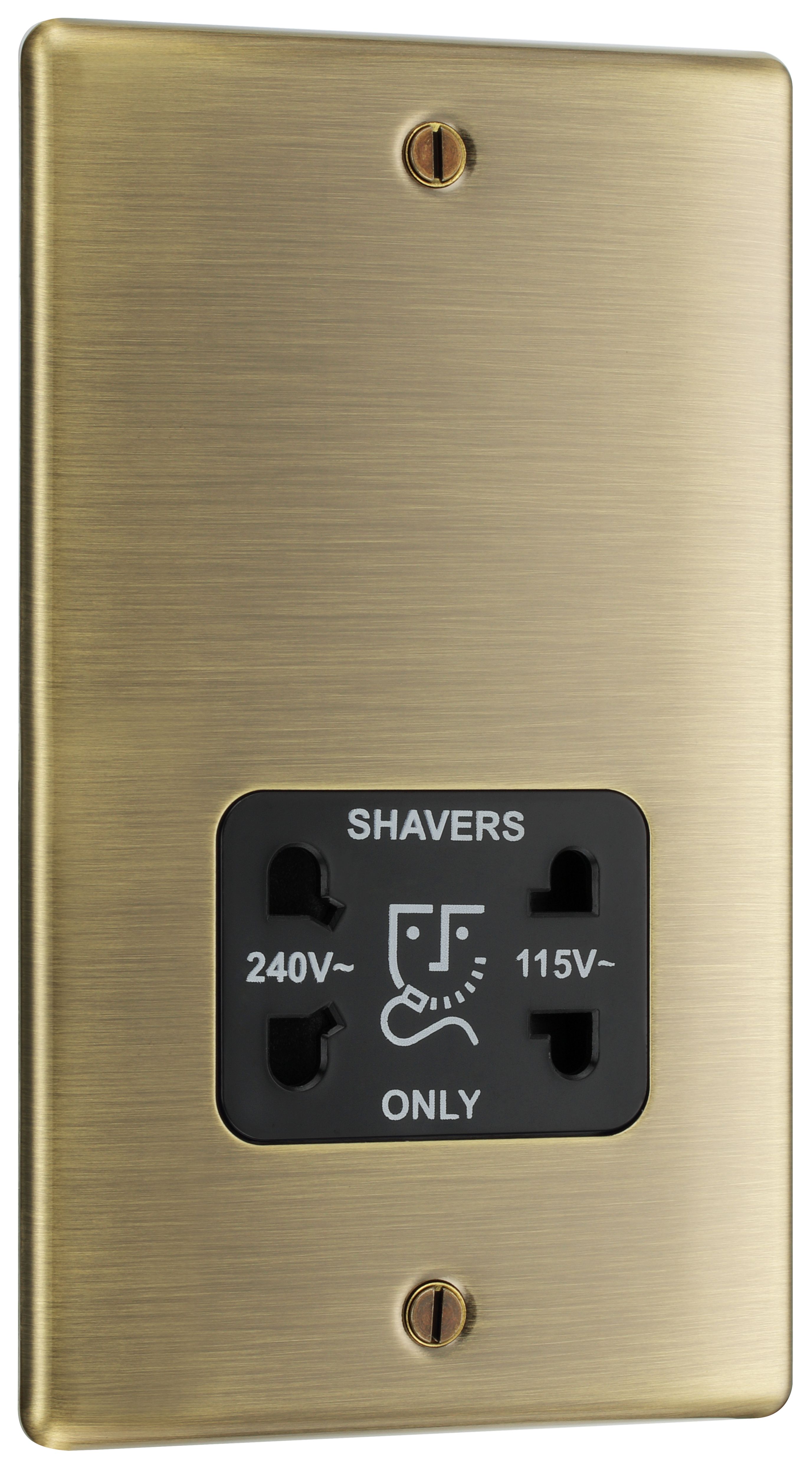 British General Nexus Metal 2-Gang Dual Voltage Shaver Socket 115 / 240V Brushed Iridium with Black Inserts - 3