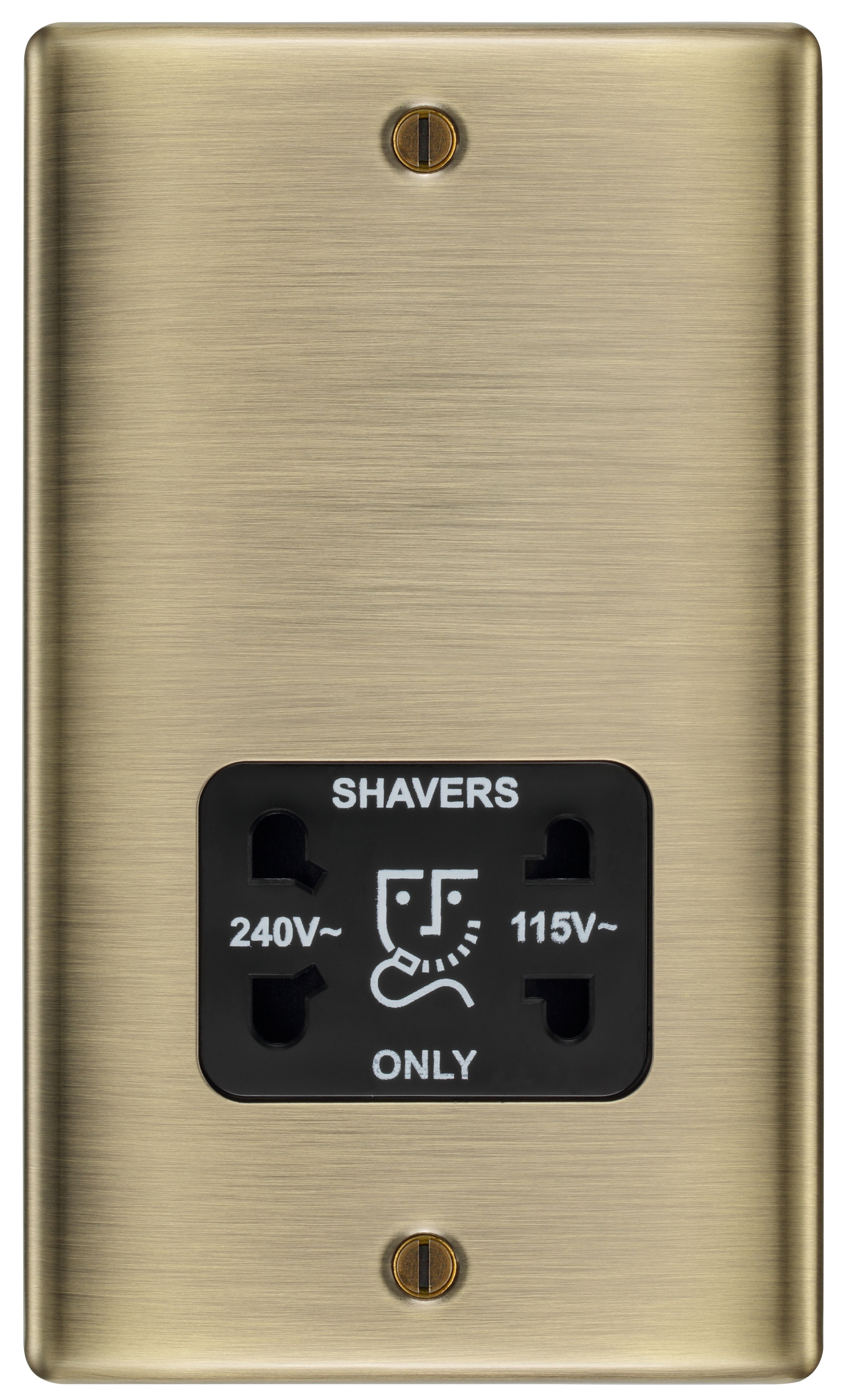 British General Nexus Metal 2-Gang Dual Voltage Shaver Socket 115 / 240V Brushed Iridium with Black Inserts