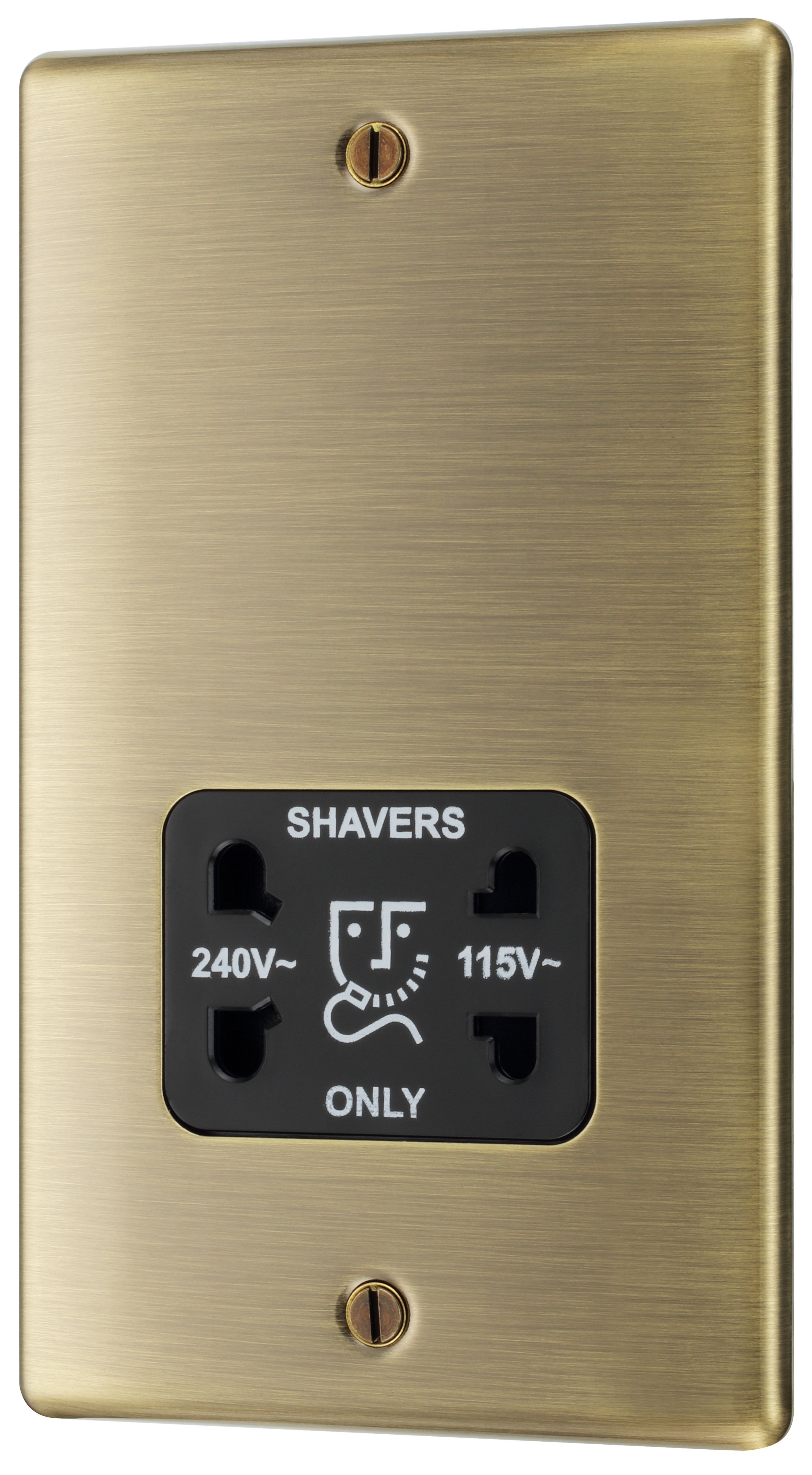 British General Nexus Metal 2-Gang Dual Voltage Shaver Socket 115 / 240V Brushed Iridium with Black Inserts - 4
