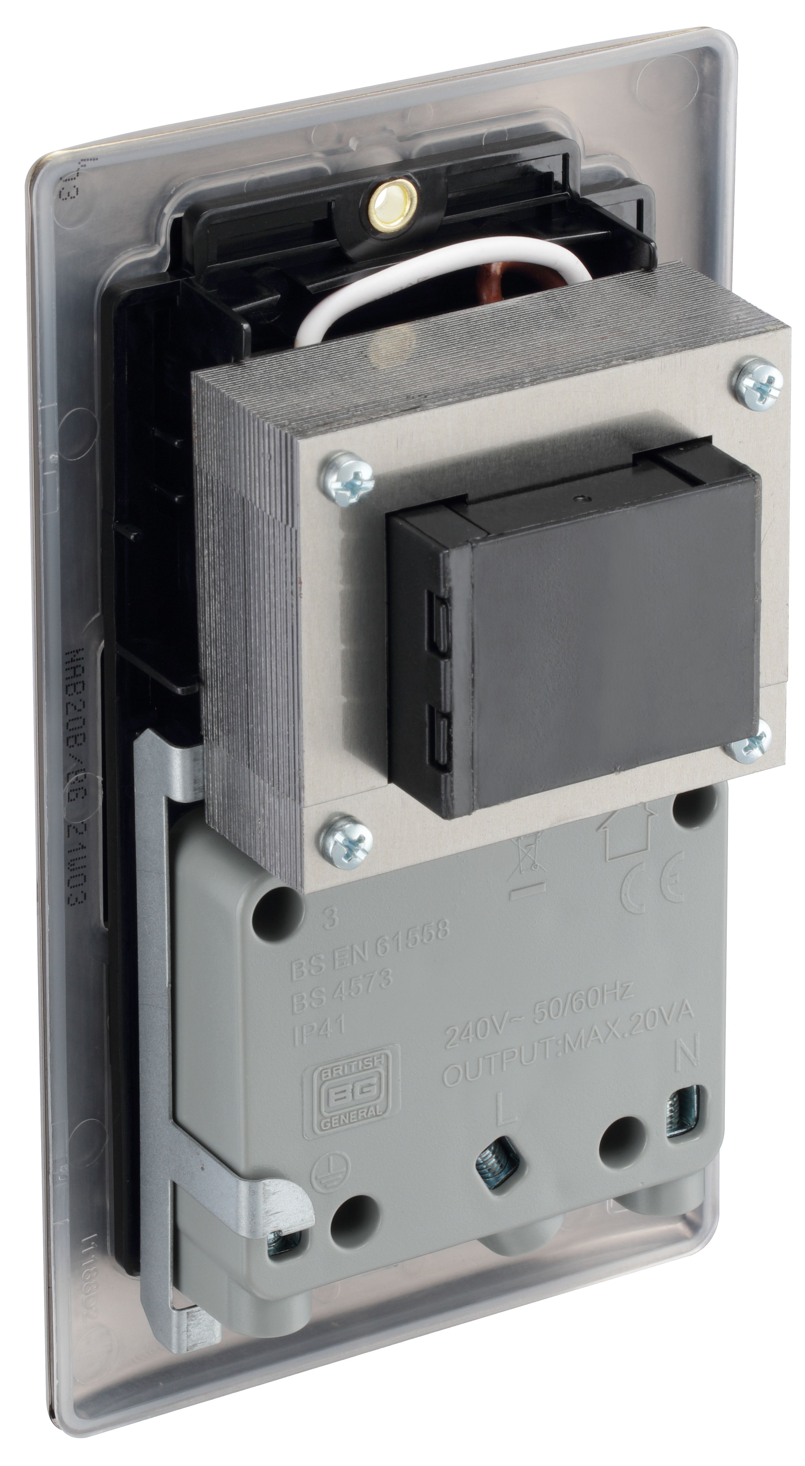 British General Nexus Metal 2-Gang Dual Voltage Shaver Socket 115 / 240V Brushed Iridium with Black Inserts - 7