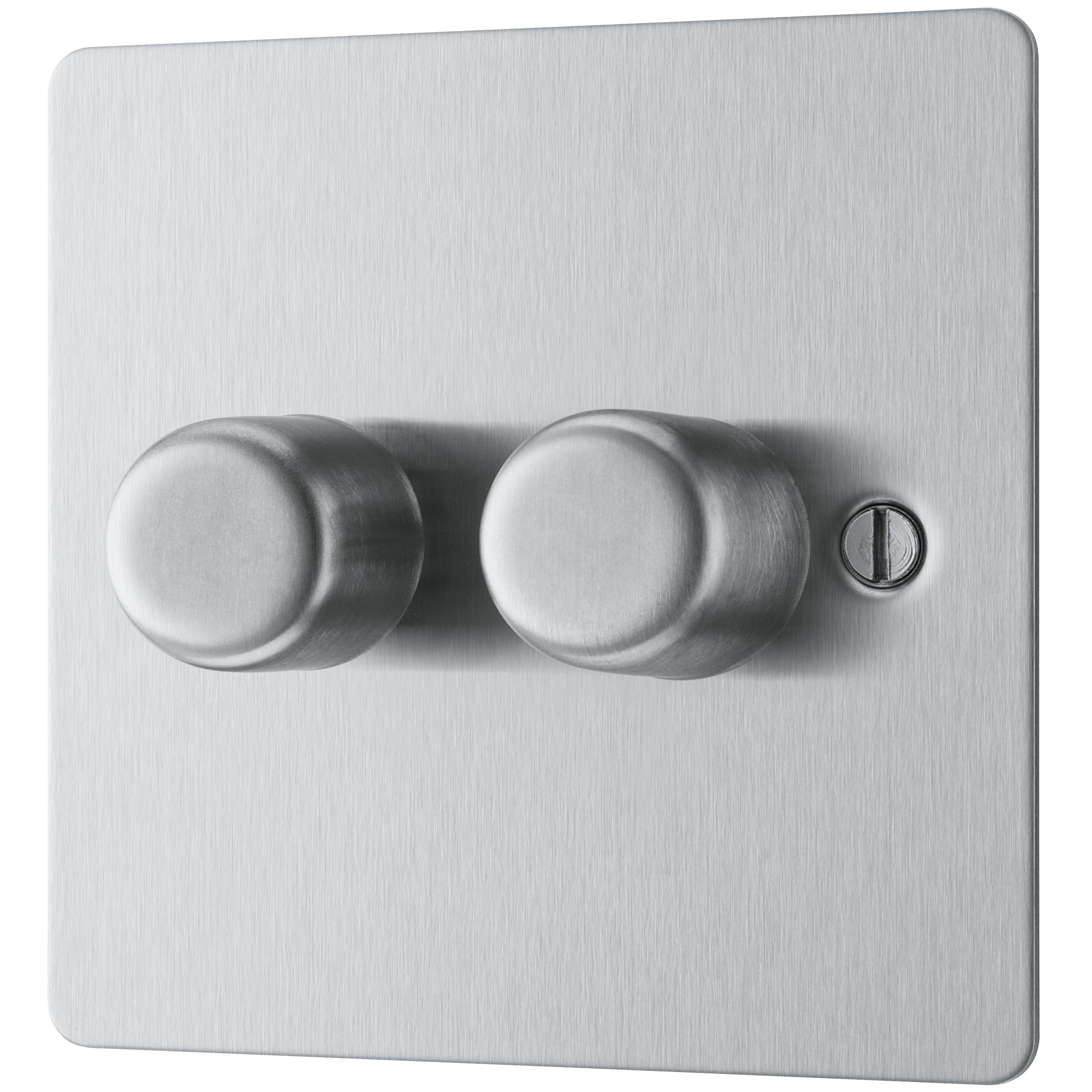 BG Flat Matt Silver Steel effect 2 gang profile Double 400W Dimmer switch