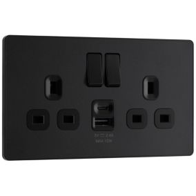 BG Matt Black Double 13A Raised slim Switched Socket with USB, x2 & Black inserts