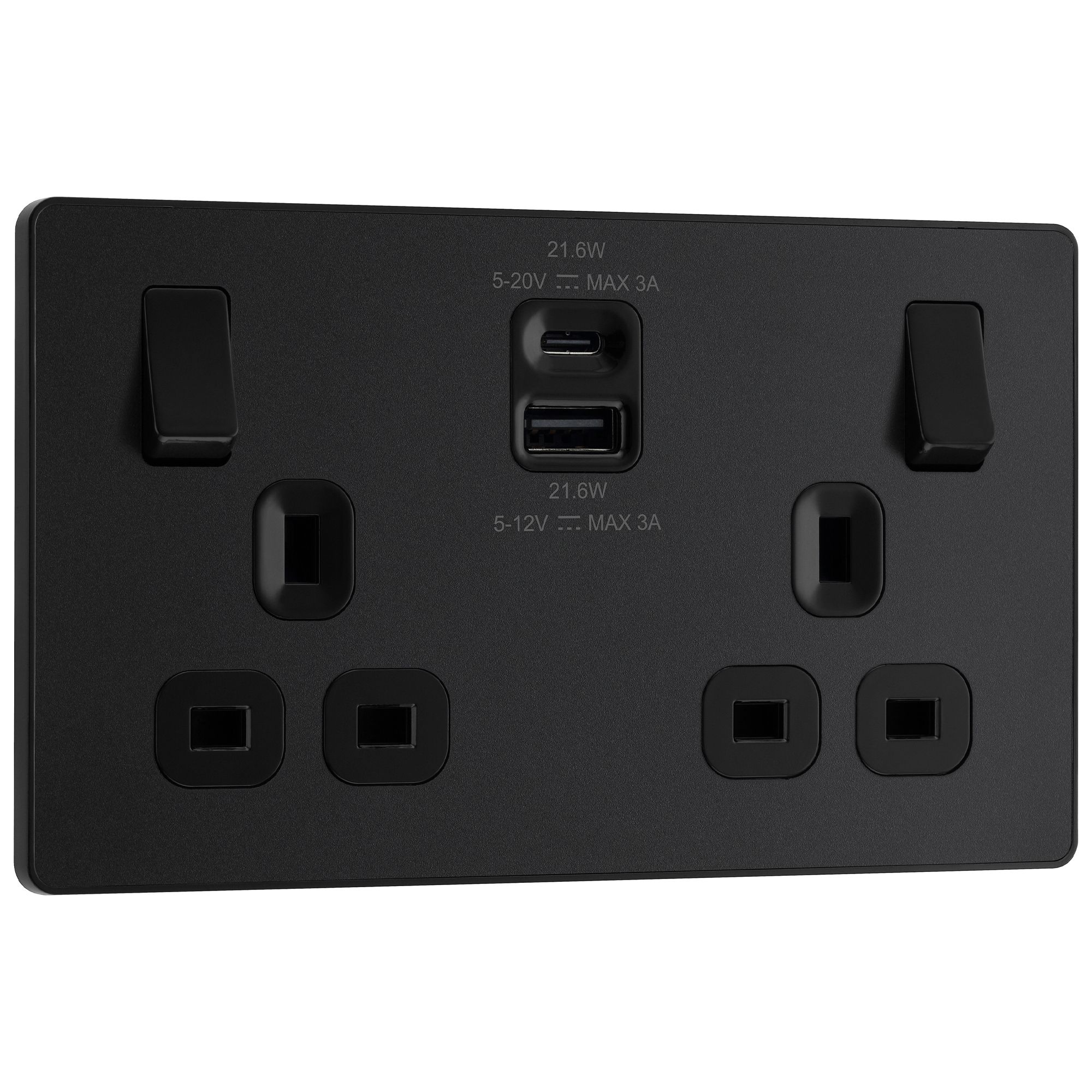 BG Matt Black Double 13A Raised slim Switched Socket with USB, x2 & Black inserts