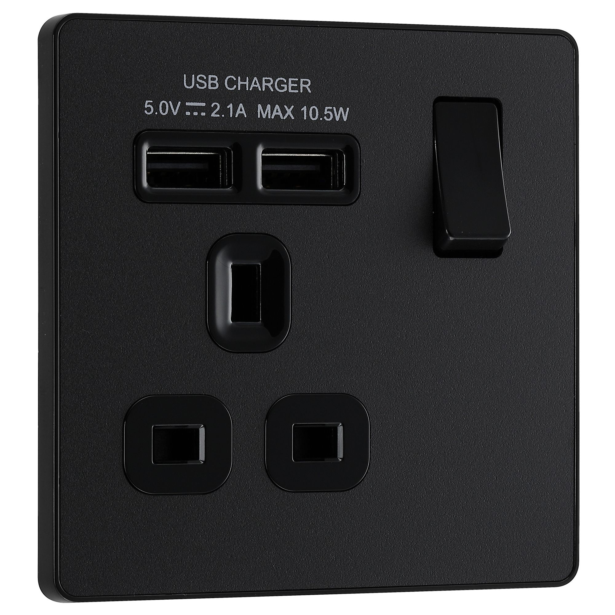 BG Matt Black Single 13A Raised slim Switched Socket with USB, x2 & Black inserts