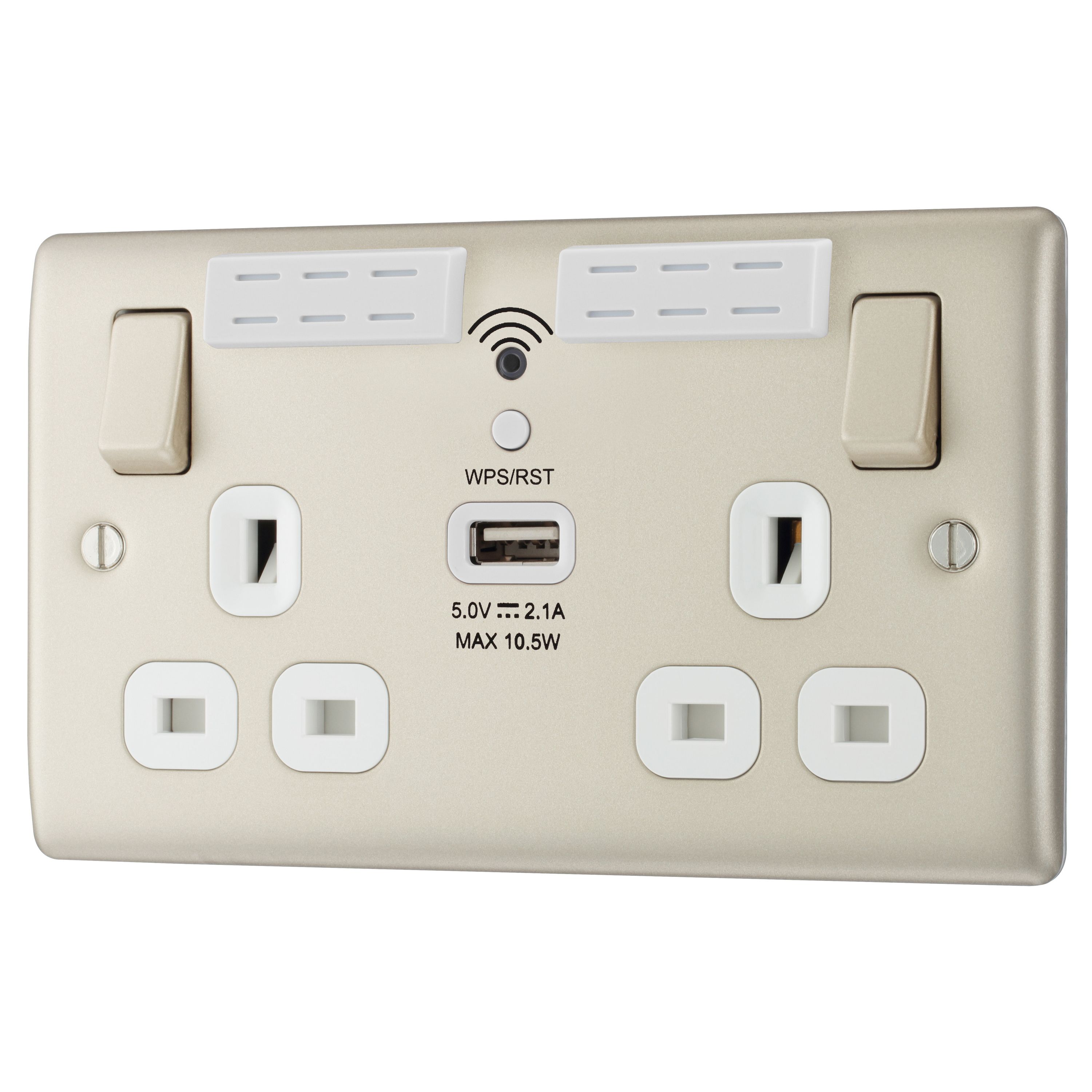 BG Nickel 13A Switched Double WiFi extender socket with USB