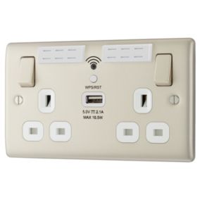 BG Nickel 13A Switched Double WiFi extender socket with USB