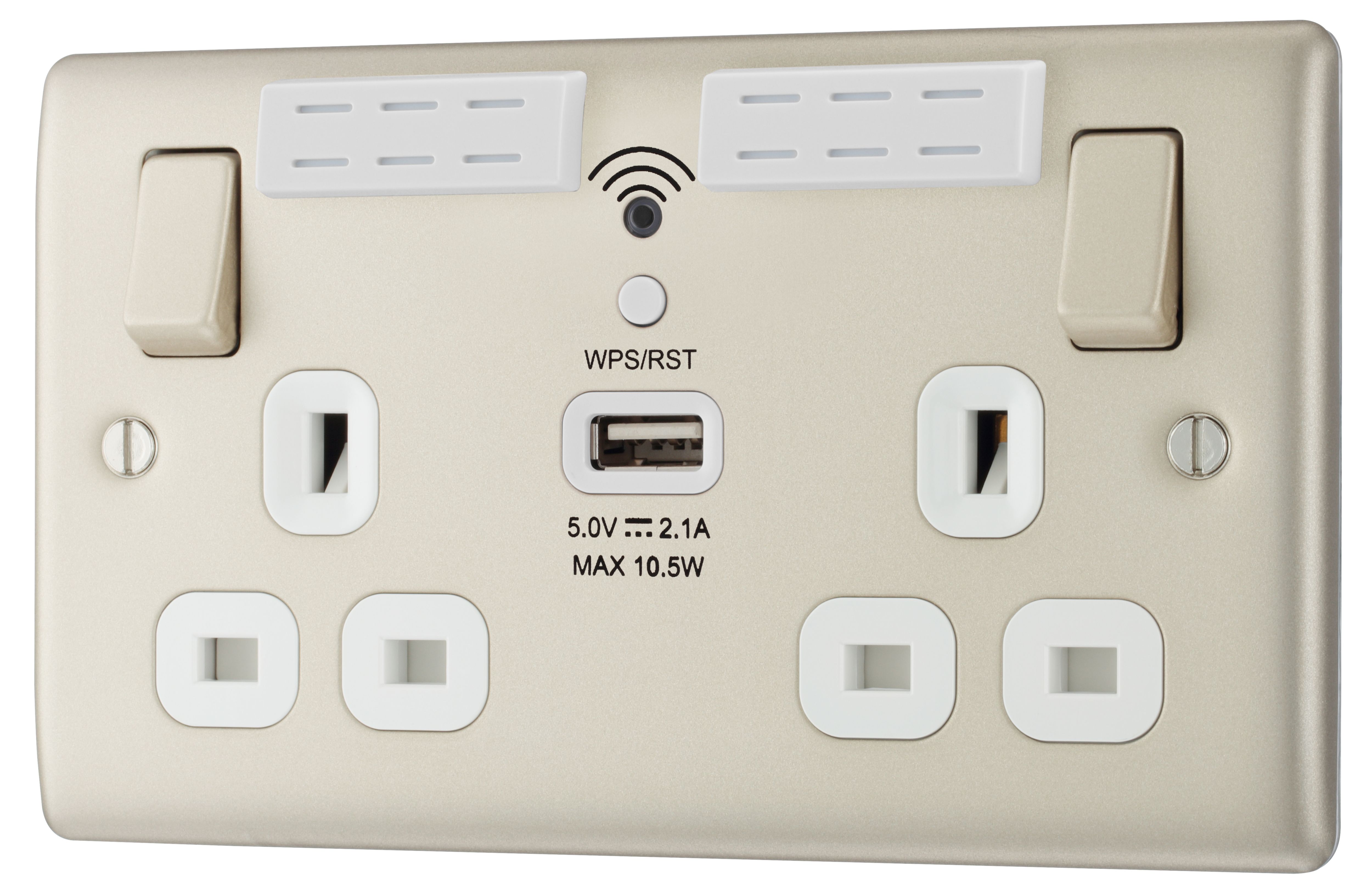 BG Nickel 13A Switched Double WiFi extender socket with USB