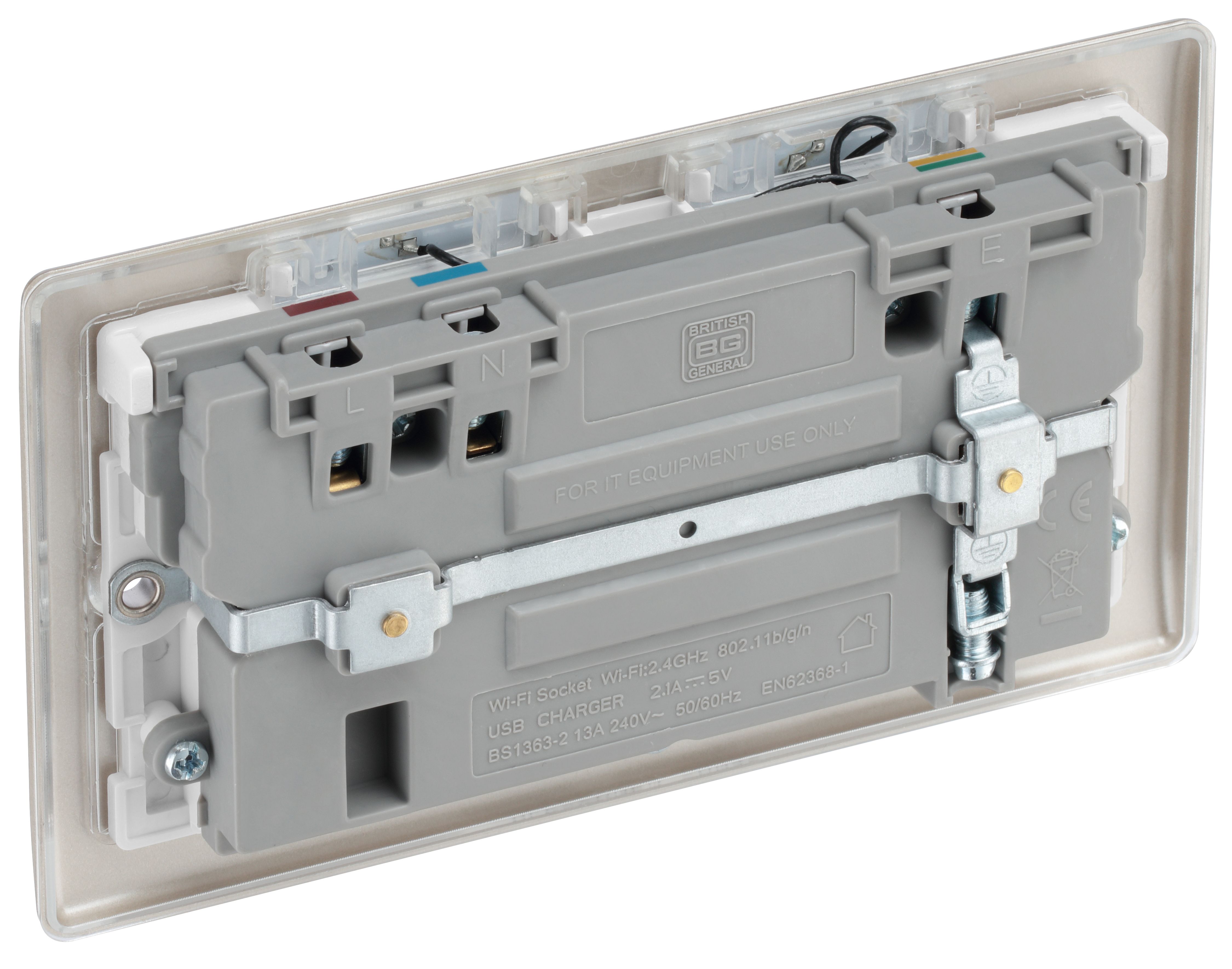 BG Nickel 13A Switched Double WiFi extender socket with USB
