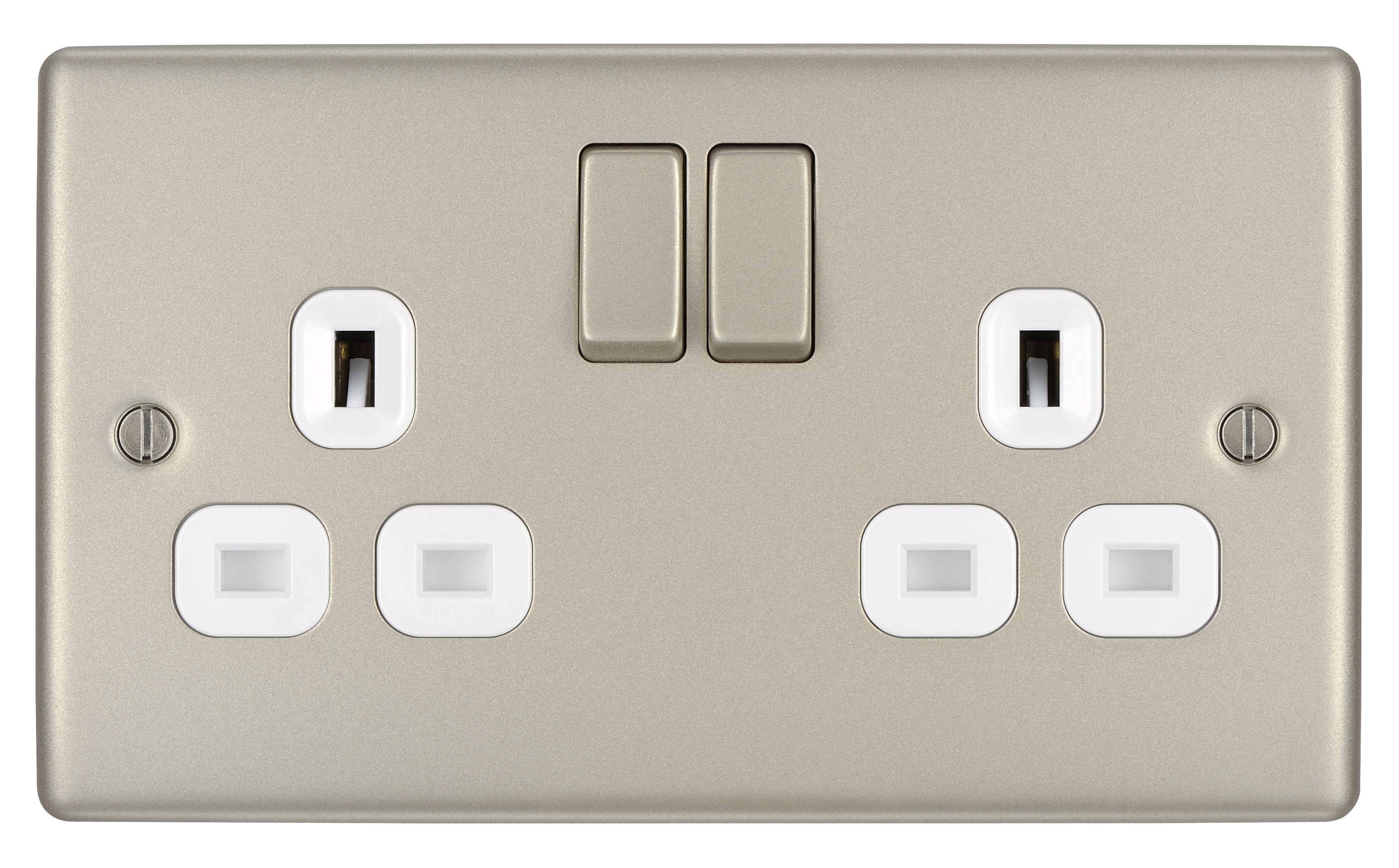 BG Nickel Double 13A Switched Socket & White inserts