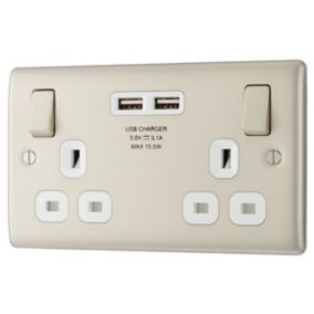 BG Nickel Double 13A Switched Socket with USB x2 3.1A & White inserts