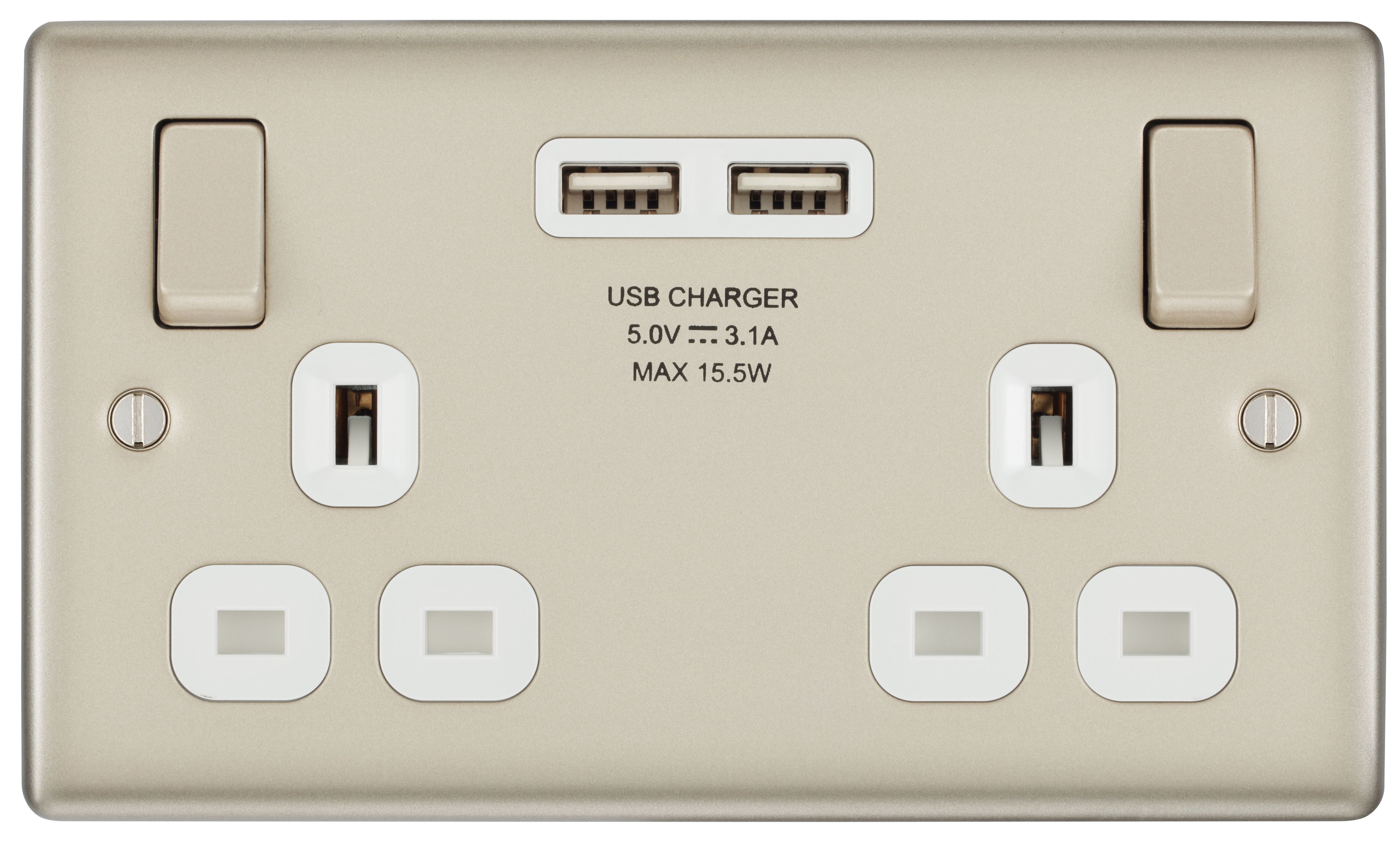 BG Nickel Double 13A Switched Socket with USB x2 3.1A & White inserts