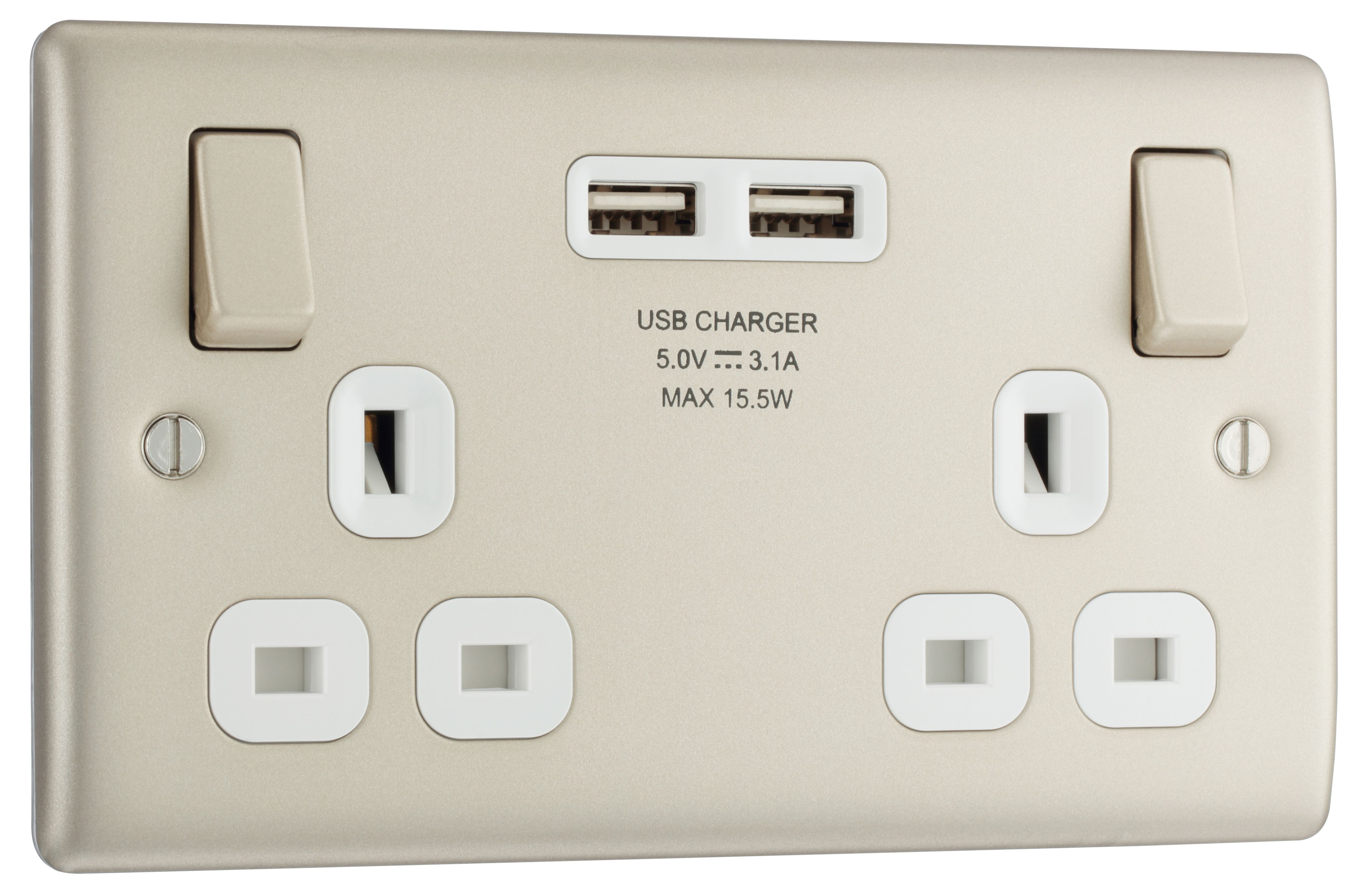 BG Nickel Double 13A Switched Socket with USB x2 3.1A & White inserts - 3