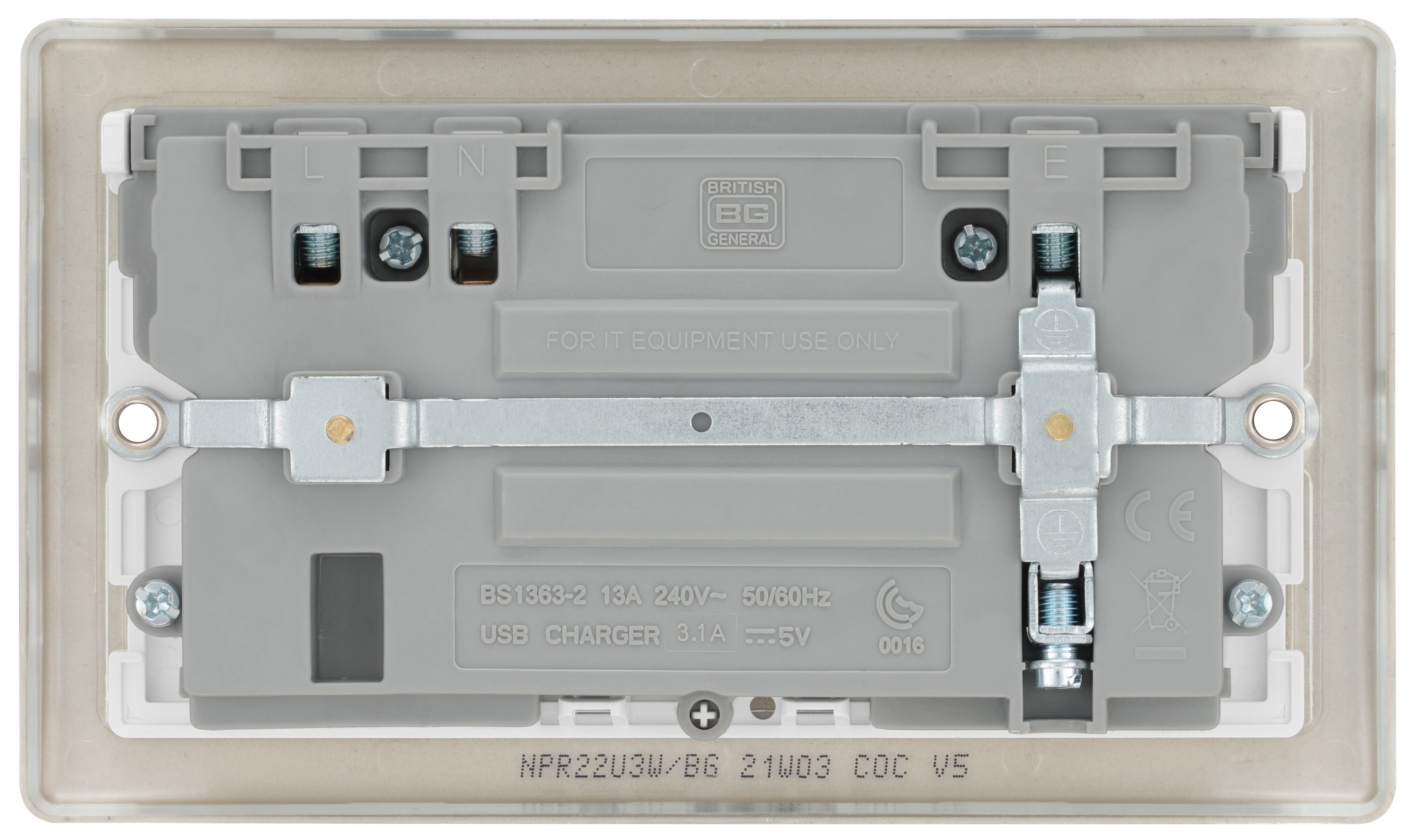 BG Nickel Double 13A Switched Socket with USB x2 3.1A & White inserts - 4