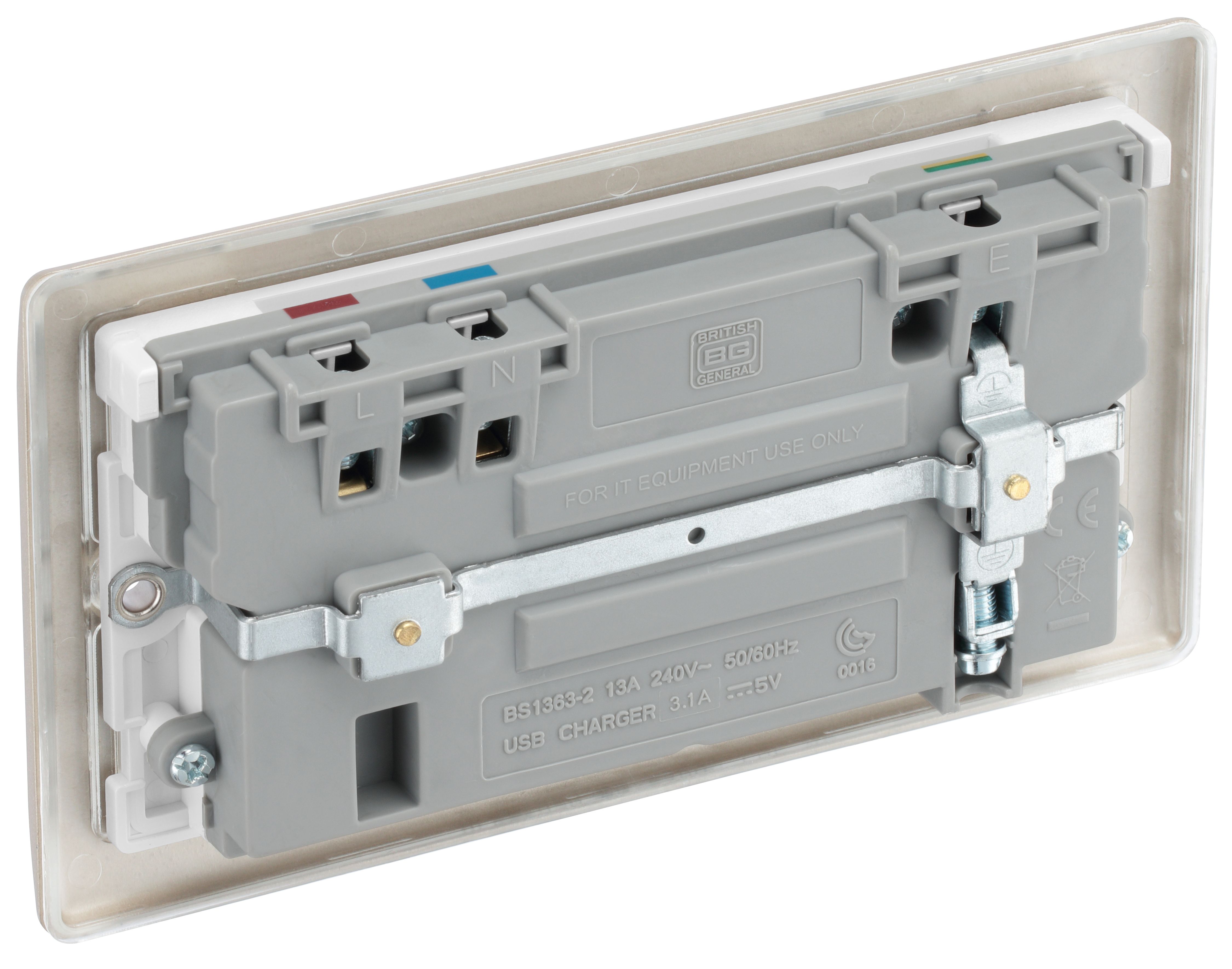 BG Nickel Double 13A Switched Socket with USB x2 3.1A & White inserts - 6