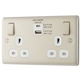 BG Nickel Double 13A Switched Socket with USB x2 4.2A & White inserts