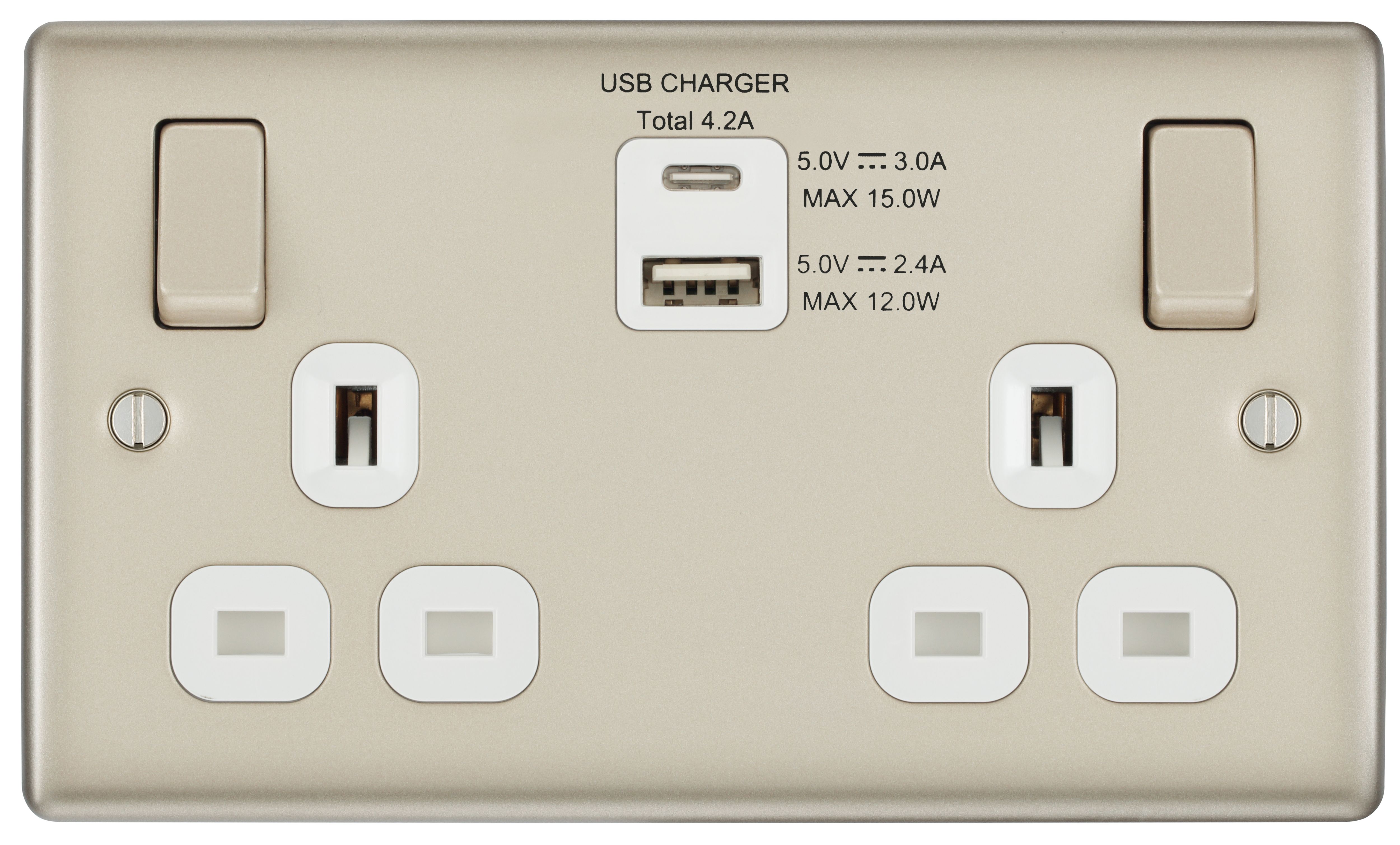 BG Nickel Double 13A Switched Socket with USB x2 4.2A & White inserts