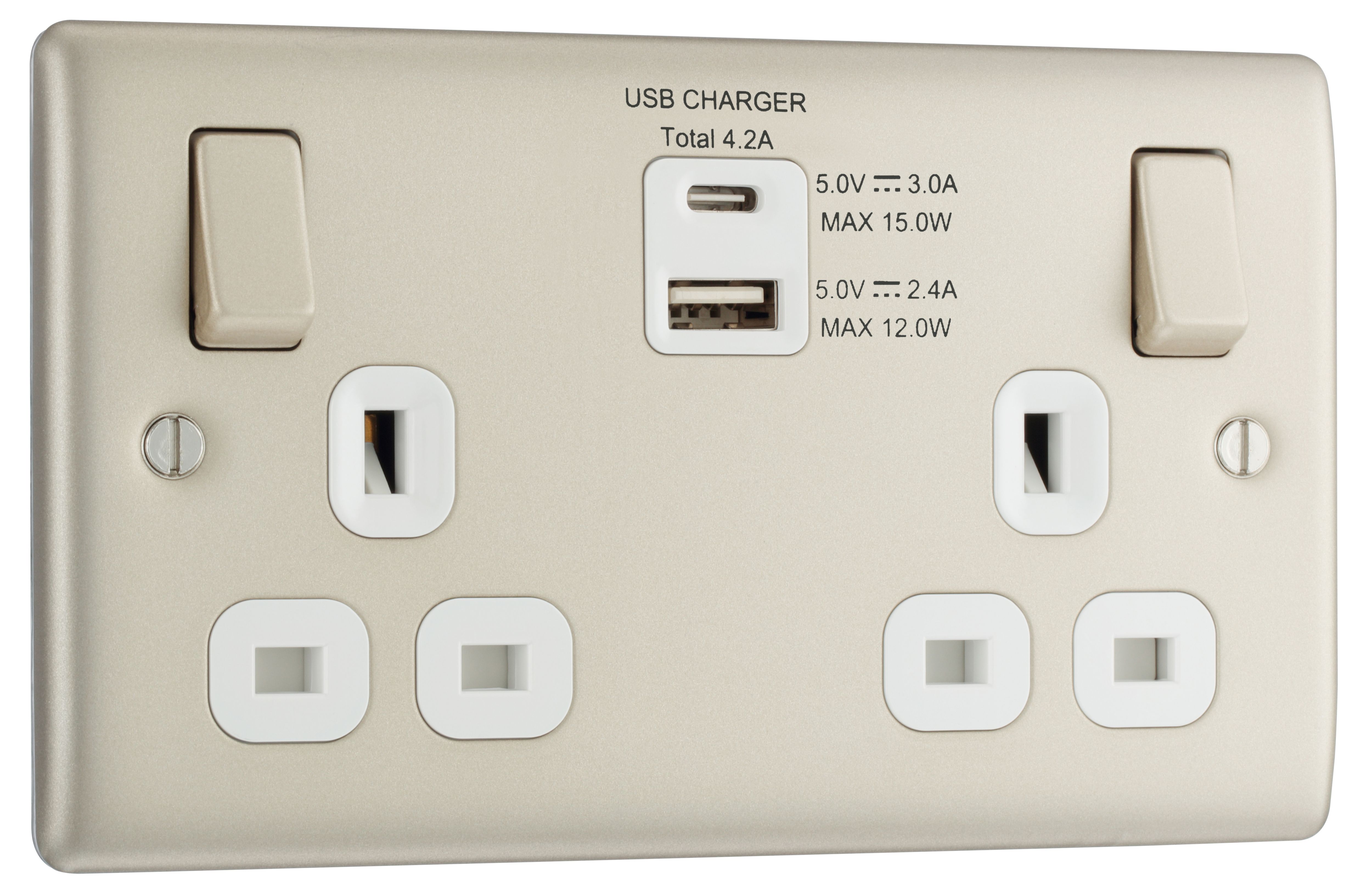 BG Nickel Double 13A Switched Socket with USB x2 4.2A & White inserts - 3