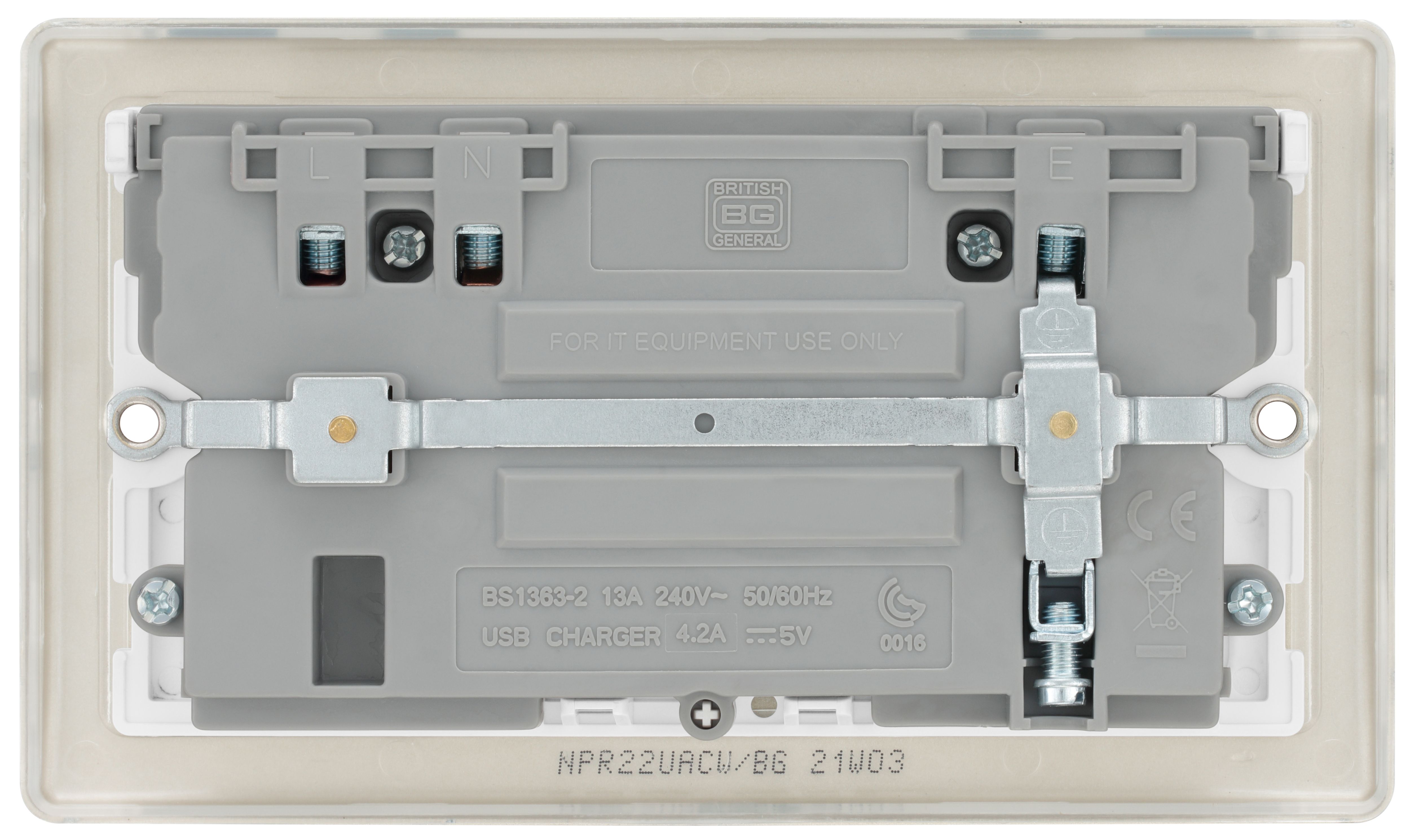 BG Nickel Double 13A Switched Socket with USB x2 4.2A & White inserts - 4