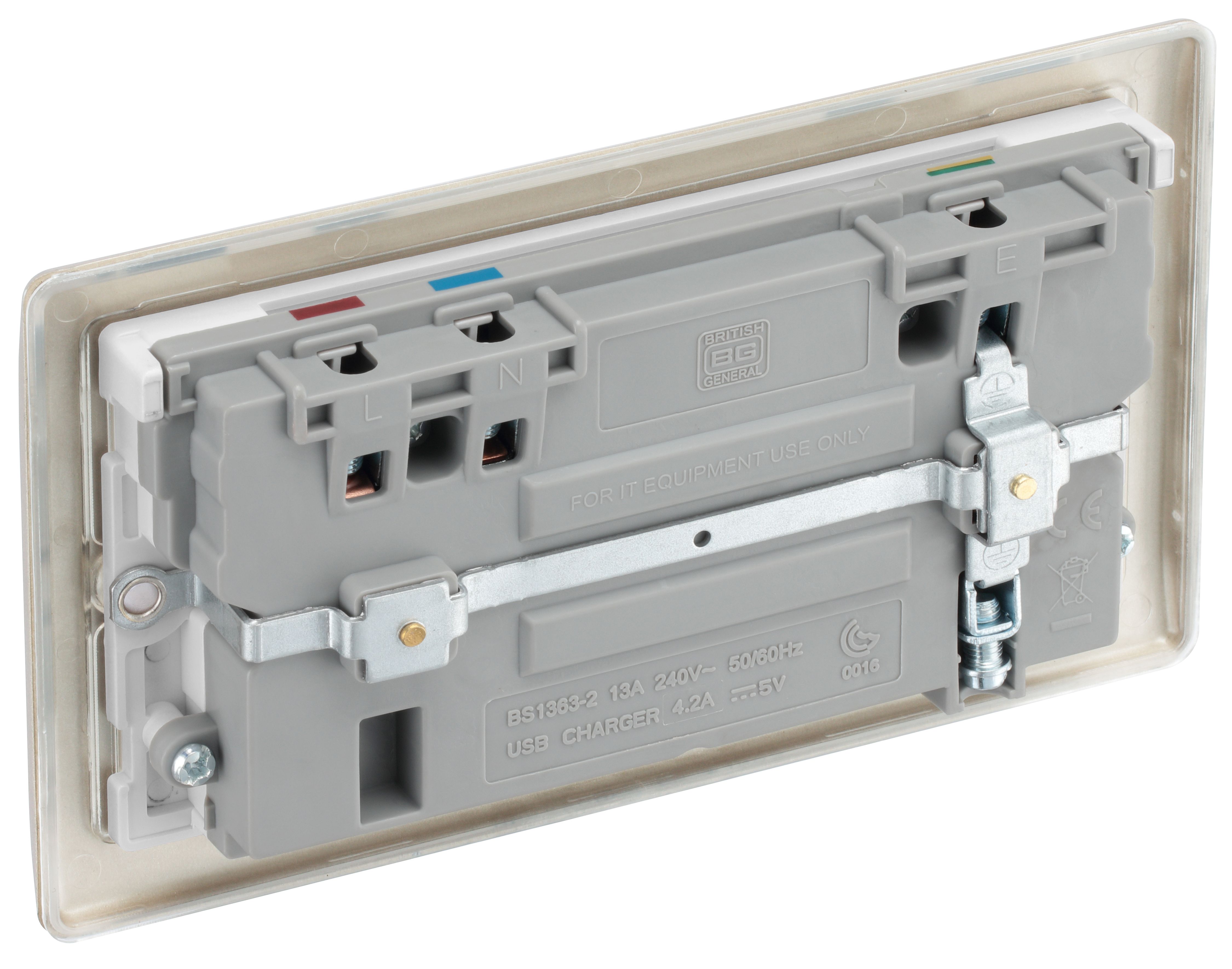 BG Nickel Double 13A Switched Socket with USB x2 4.2A & White inserts - 6