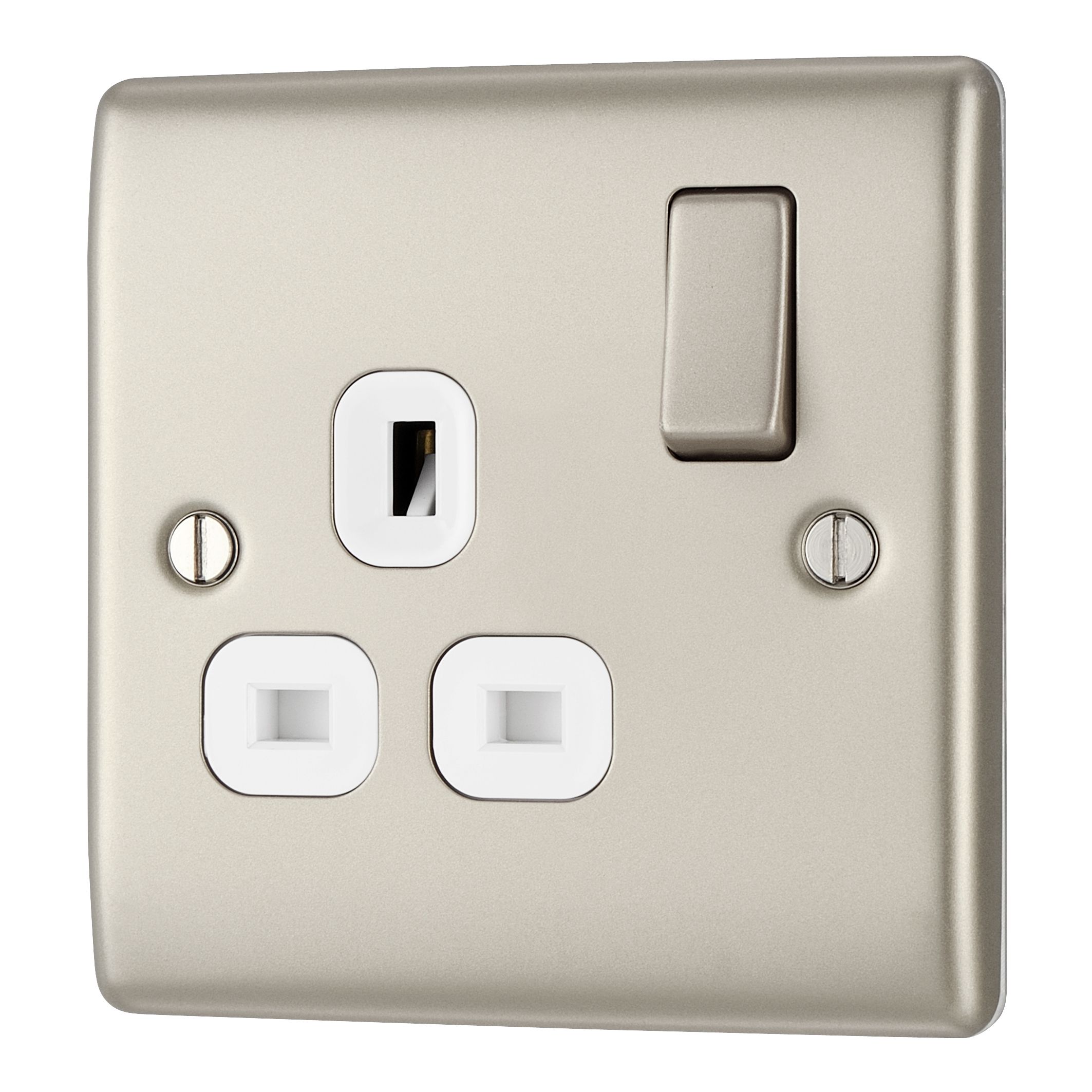 BG Nickel Single 13A Switched Socket & White inserts