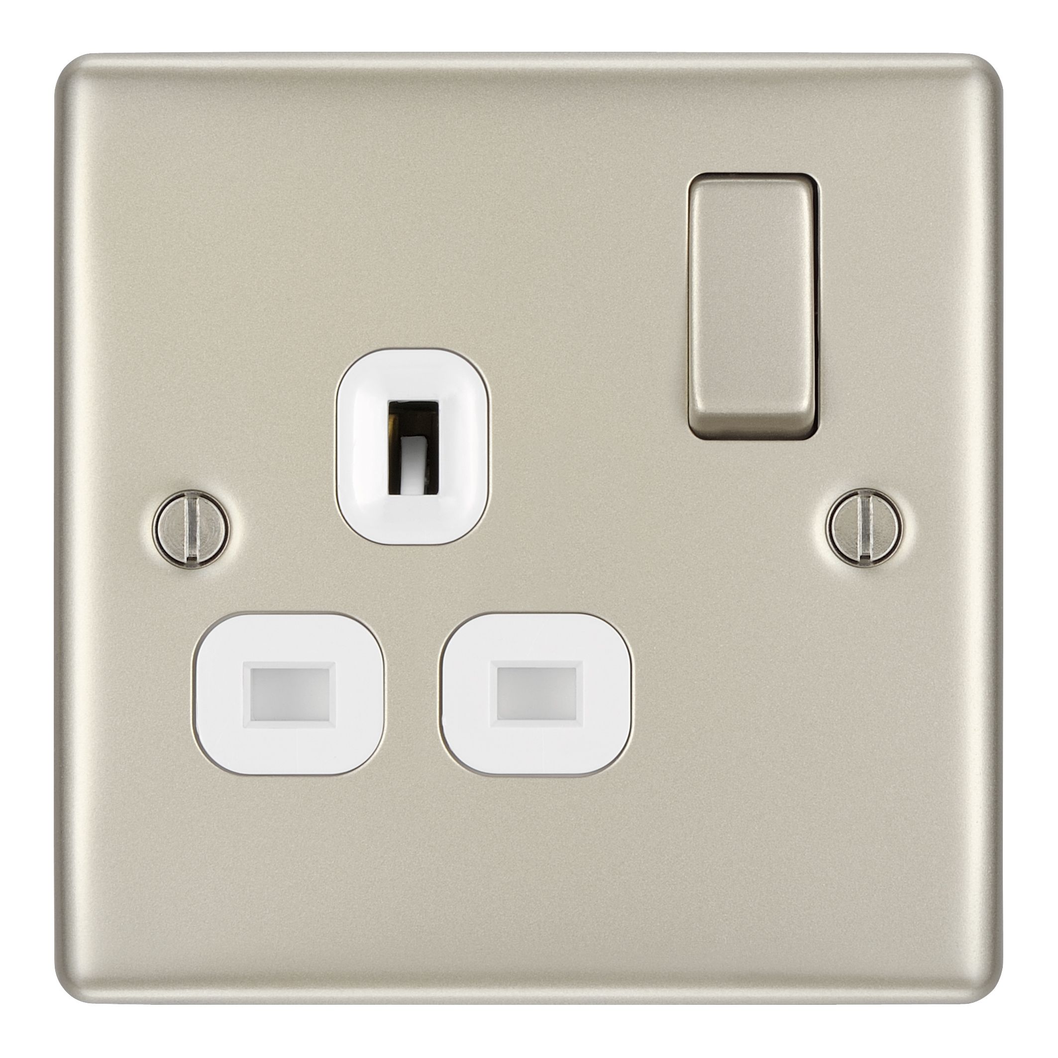 BG Nickel Single 13A Switched Socket & White inserts