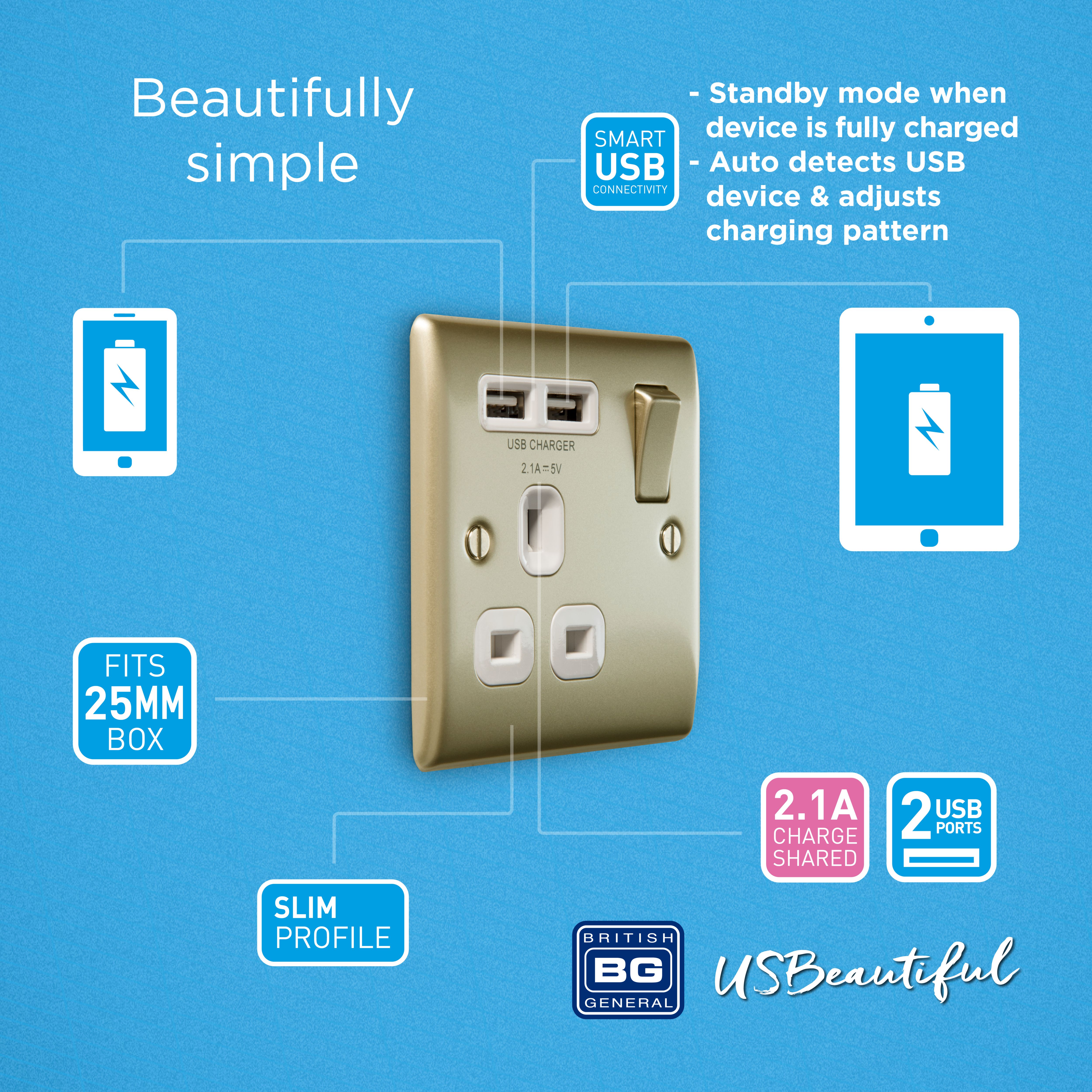 BG Antique Brass USB 13A DP Switched Socket 2 Gang + 2 USB (3.1A)