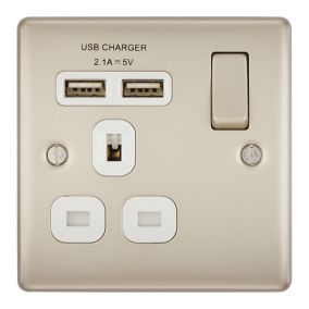 BG Nickel Single 13A Switched Socket with USB x2 & White inserts