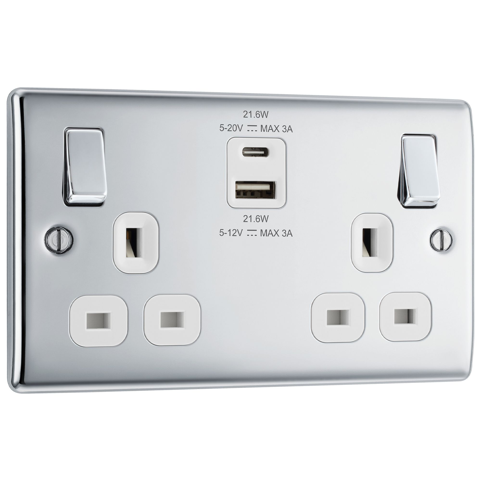 BG Polished Chrome Double 13A 22W Raised slim Switched Screwed Socket ...