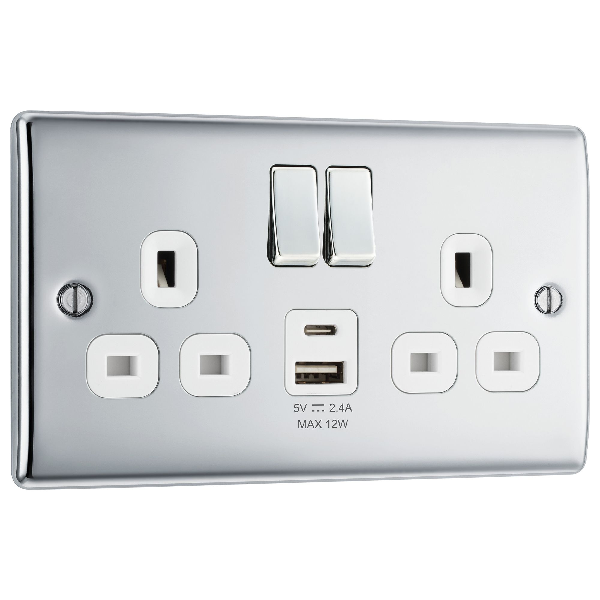 BG Polished Chrome Double 13A Raised slim Switched Socket with USB, x2 & White inserts